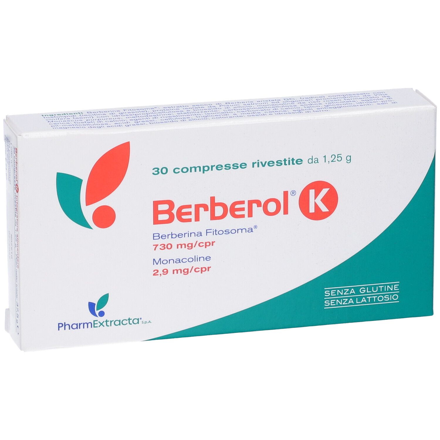 Confezione di Berberol K. Contiene 30 compresse. Scritte: Berberina Fitosoma, Monacolina. Senza glutine e lattosio.