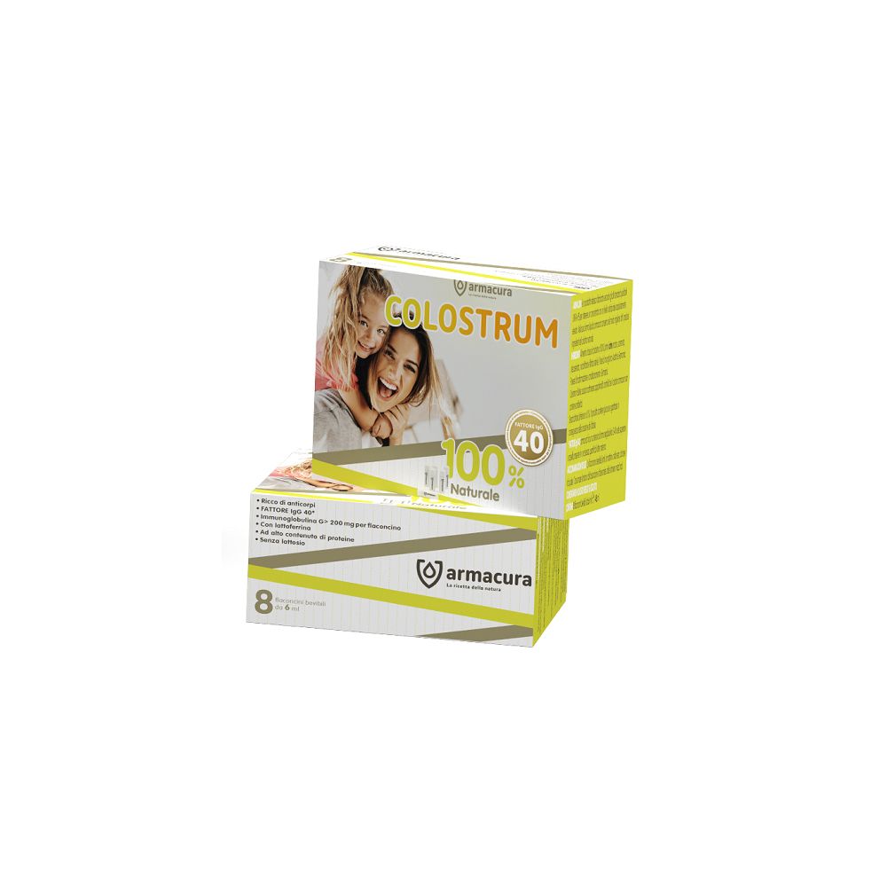 Due scatole Armacura Colostrum. Scritto: Colostrum, 100% naturale, 8 flaconcini, logo Armacura.