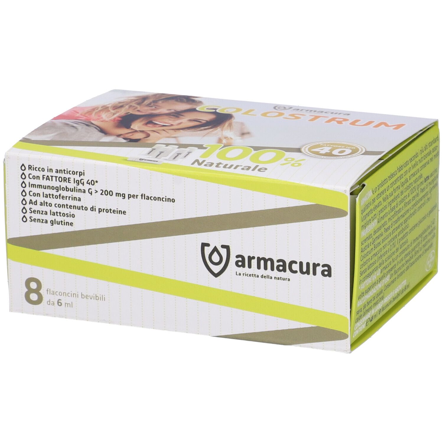 Scatola Armacura Colostrum. Scritto: Colostrum, 100% naturale, 8 flaconcini, ingredienti, logo Armacura.