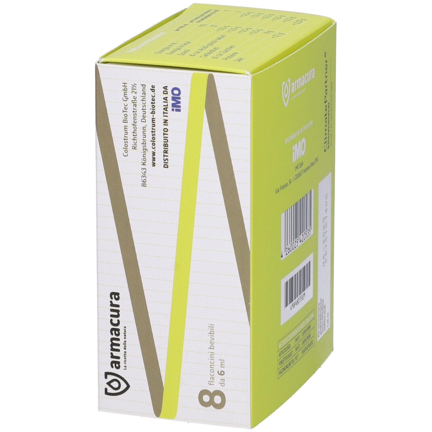 Lato della scatola Armacura Colostrum. Indirizzo, codice a barre, 8 flaconcini, logo Armacura.