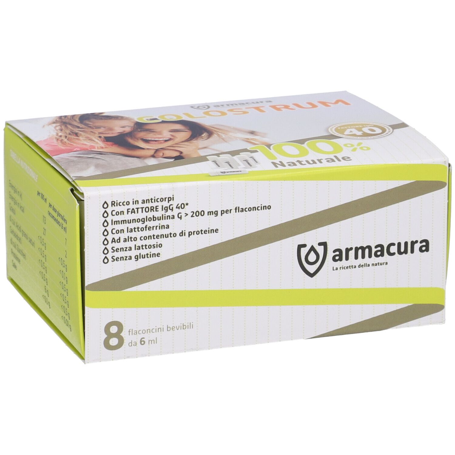 Scatola Armacura Colostrum. Scritto: Colostrum, 100% naturale, 8 flaconcini, ingredienti, logo Armacura.