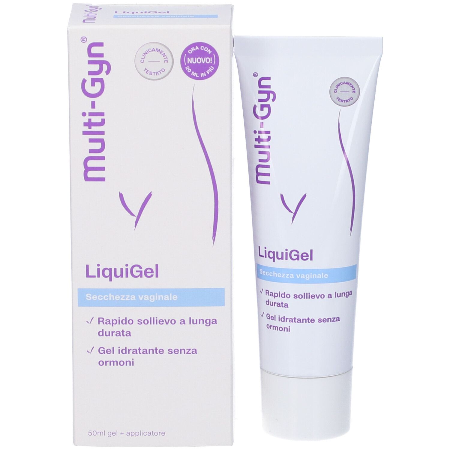 Produktverpackung und Tube. Verpackung: weiß mit lila Akzenten. Tube: weiß mit lila Schrift. Beide: Produktname und Text.