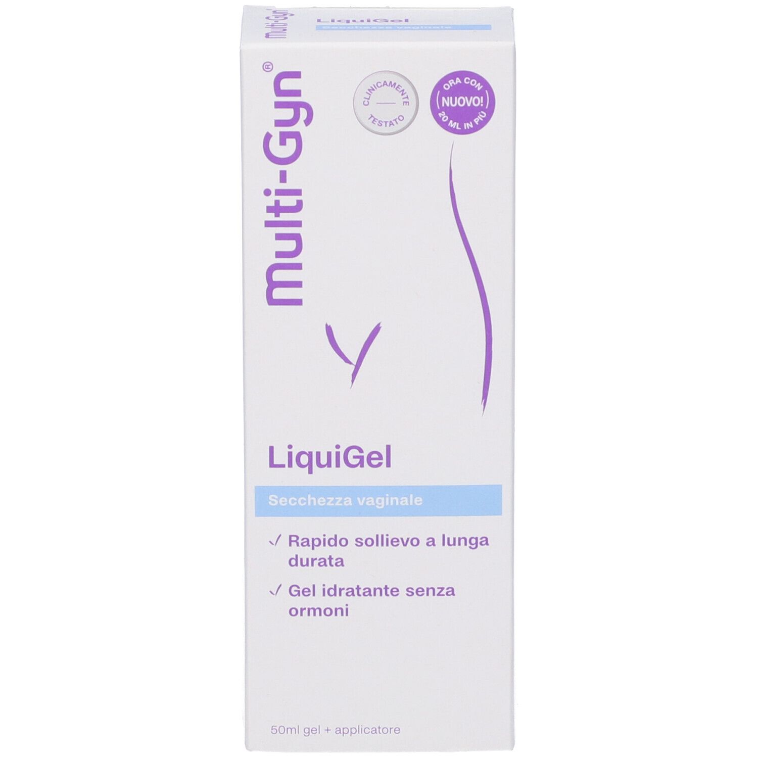 Weiße Produktverpackung mit lila Akzenten. Produktname und Text in italienischer Sprache. Blaue Schrift: Secchezza vaginale.