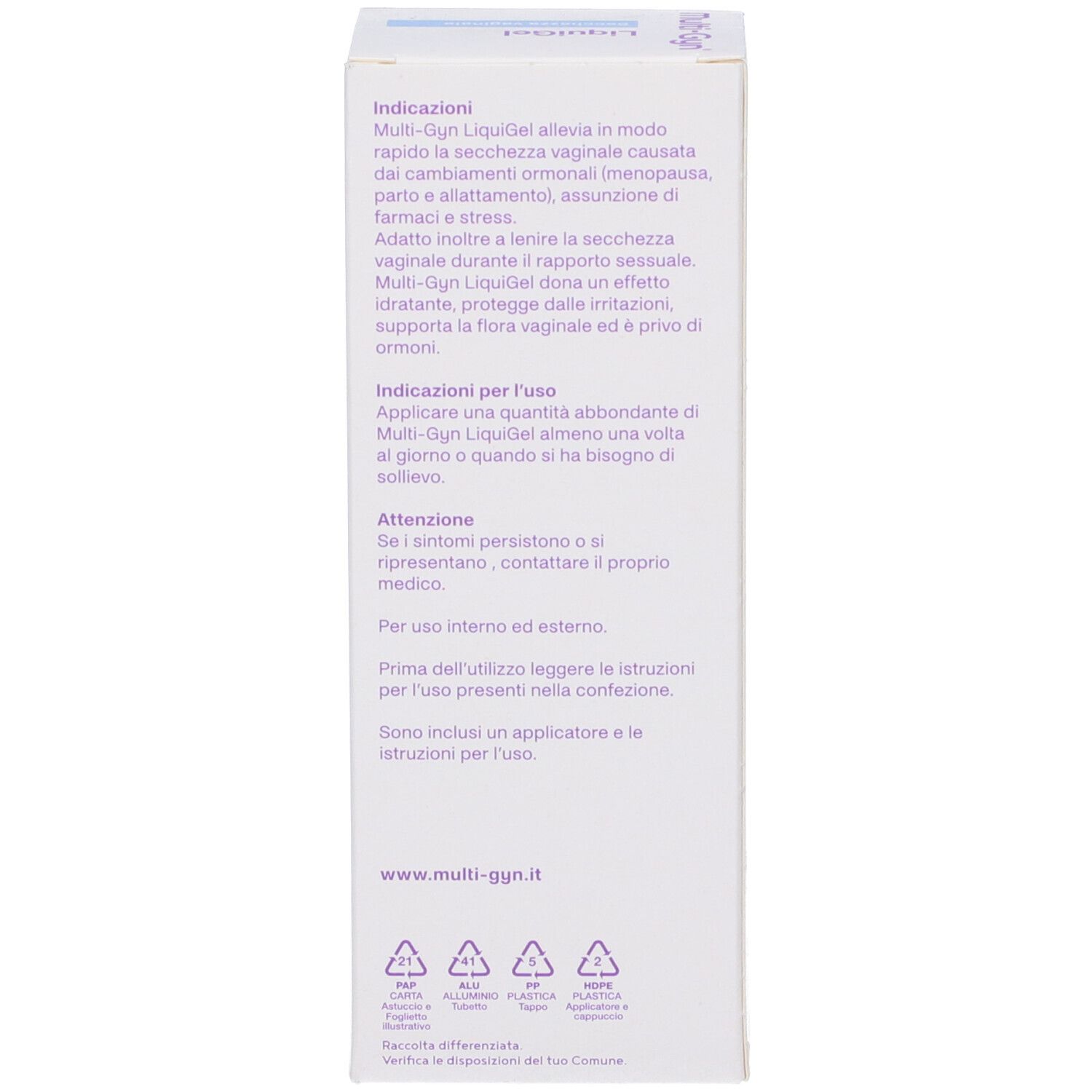 Verpackung mit Text in italienischer Sprache. Beschreibt Indikationen und Inhaltsstoffe. Enthält Recycling-Symbole.
