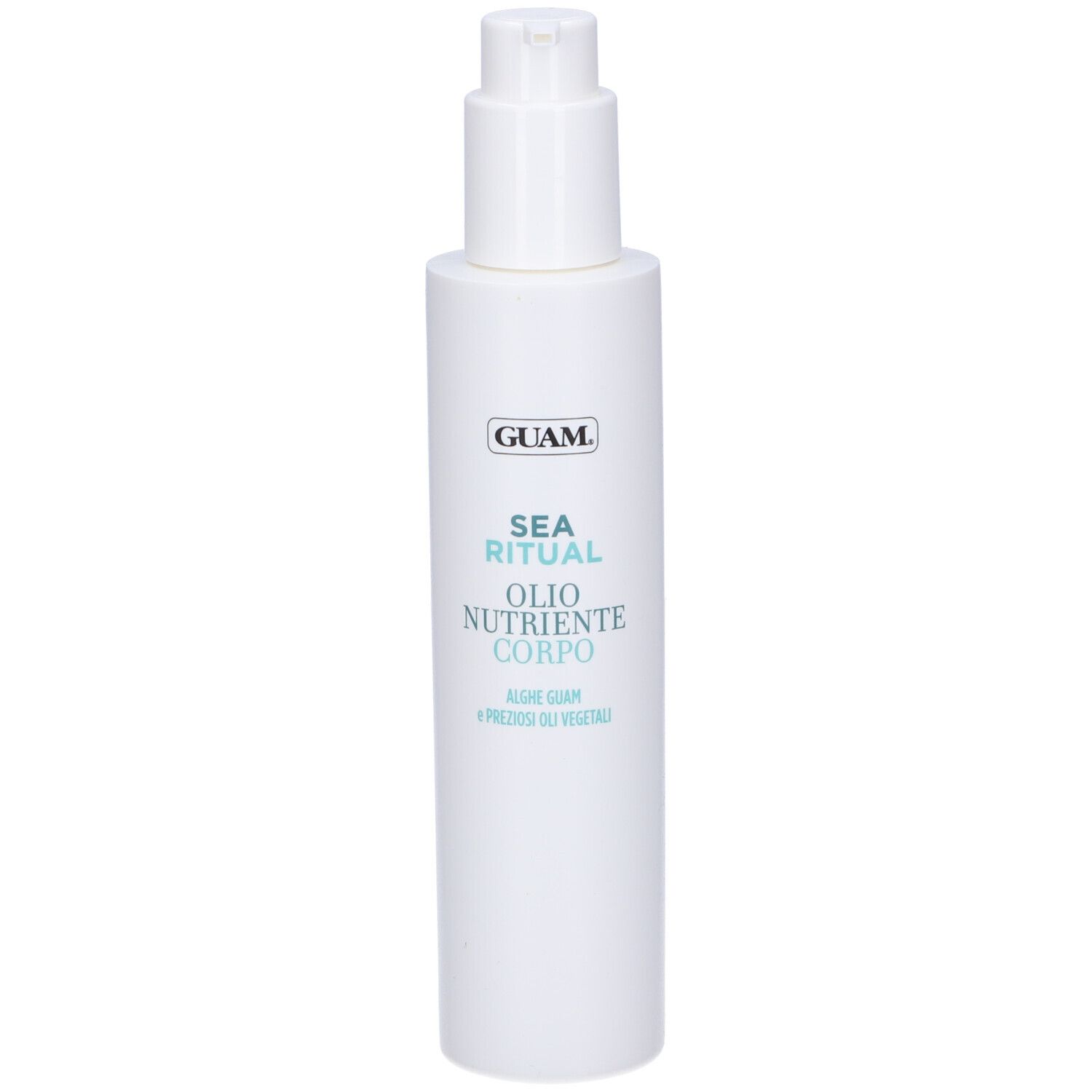 Flacone bianco con dosatore. Scritta: GUAM, SEA RITUAL, Olio Nutriente Corpo. Testo turchese.