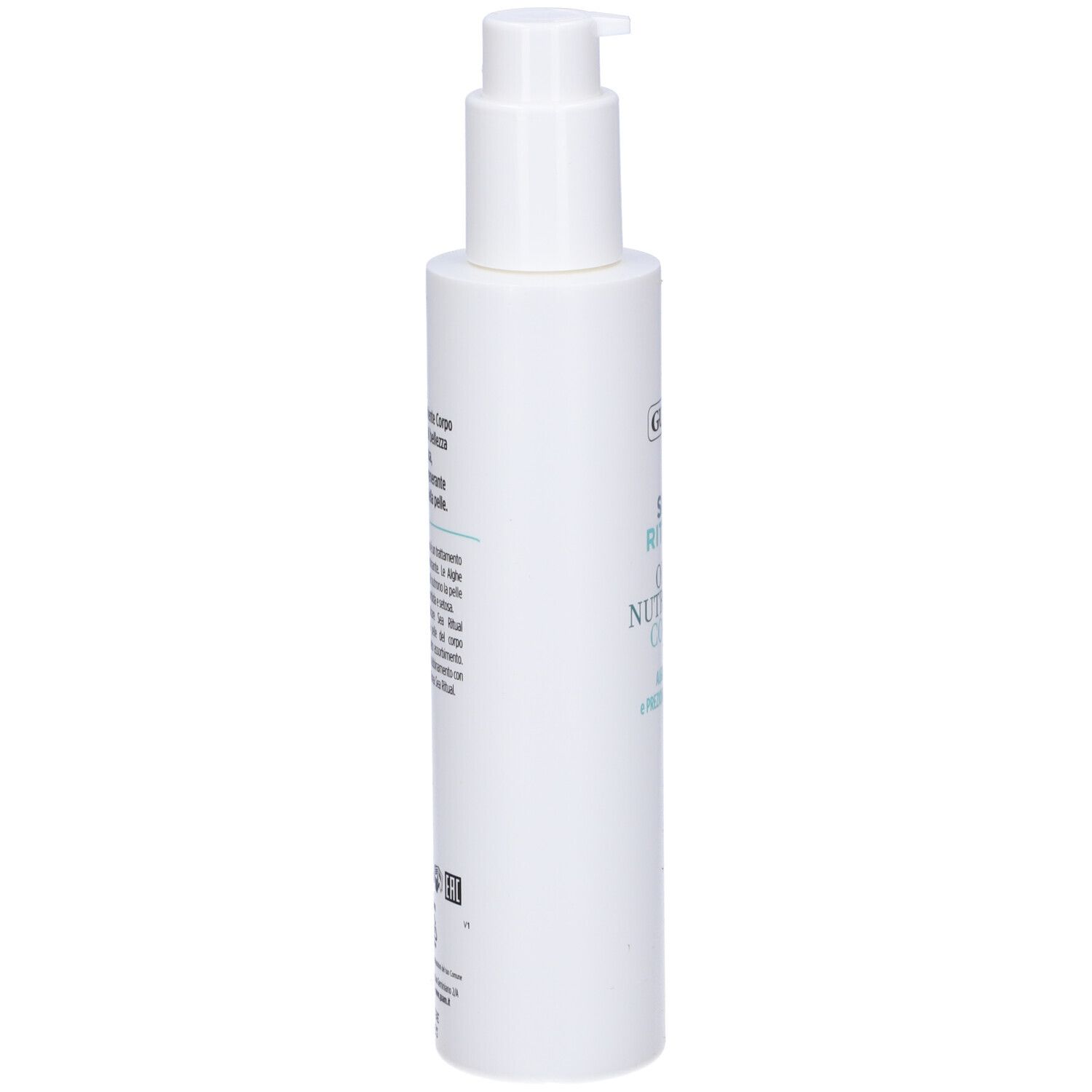 Flacone bianco con dosatore. Scritta: GUAM, SEA RITUAL, Olio Nutriente Corpo. Testo turchese.