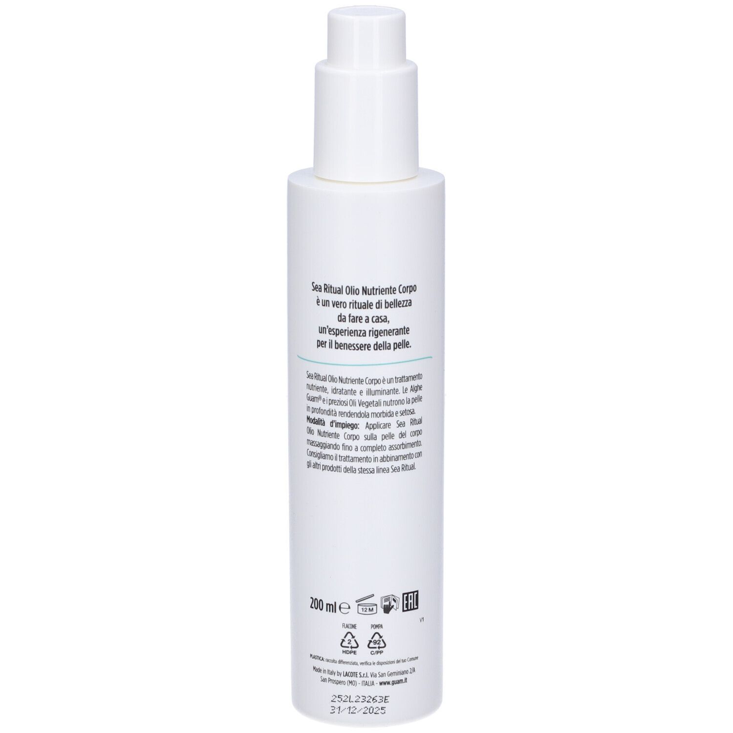 Flacone bianco con dosatore. Retro con testo e simboli. Scritta: 200 ml.