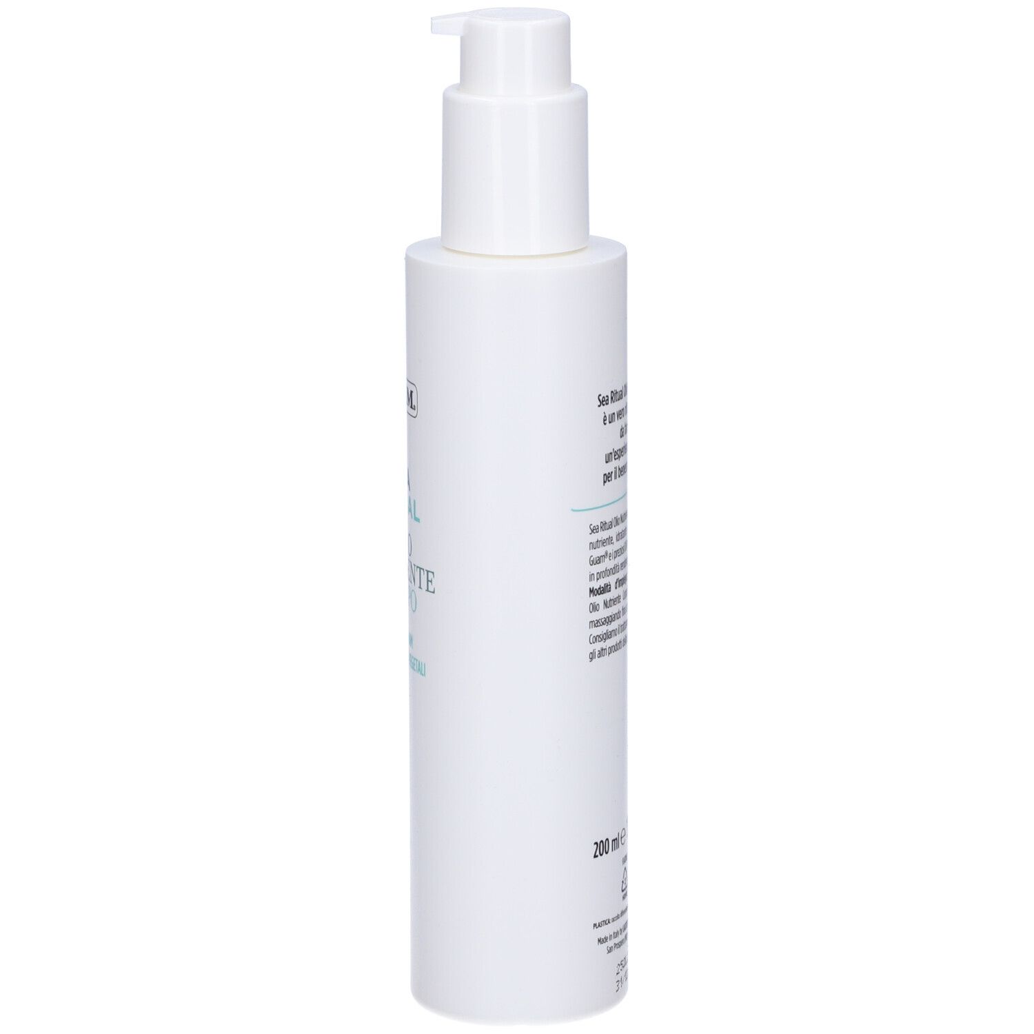 Flacone bianco con dosatore. Scritta: GUAM, SEA RITUAL, Olio Nutriente Corpo. Testo turchese.