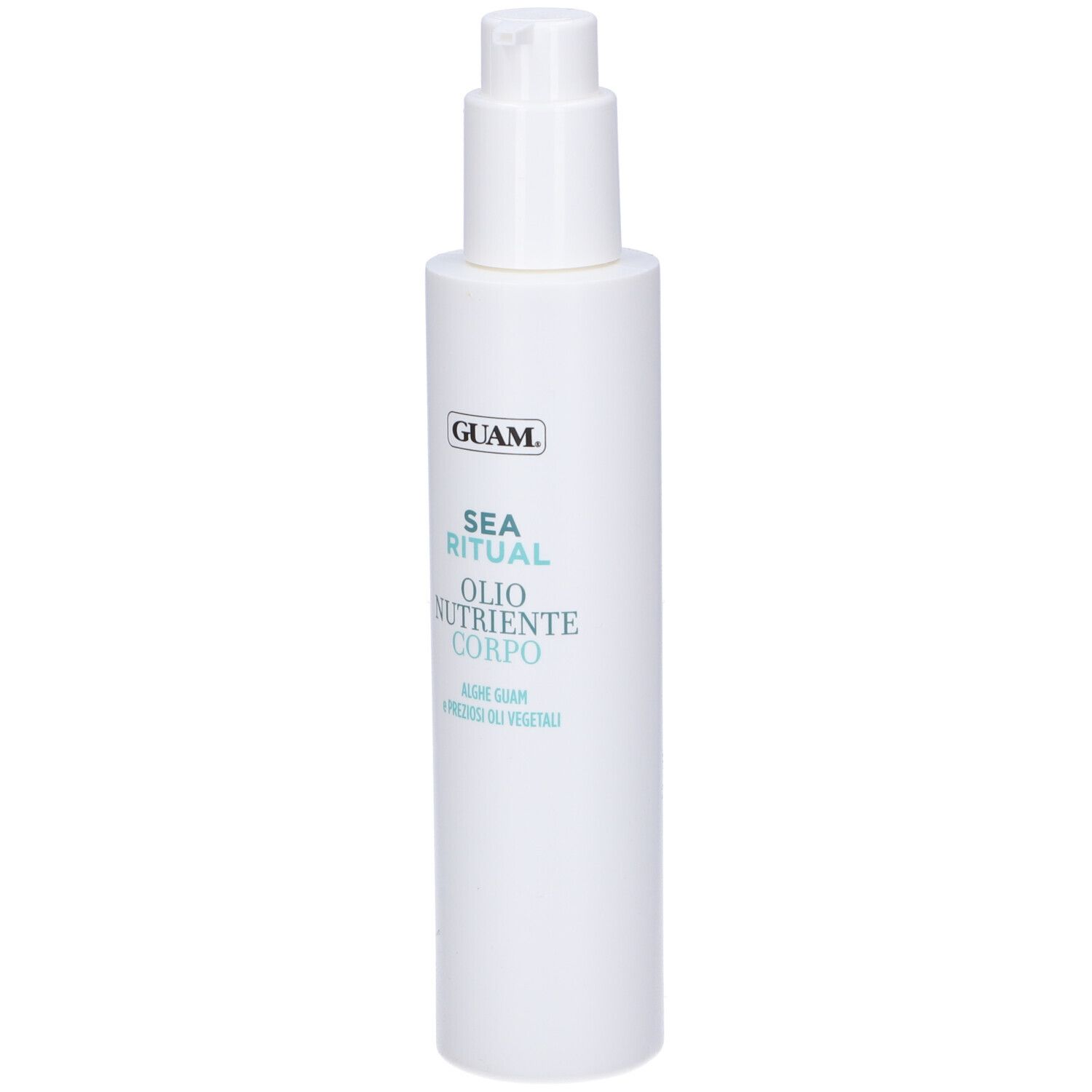 Flacone bianco con dosatore. Scritta: GUAM, SEA RITUAL, Olio Nutriente Corpo. Testo turchese.
