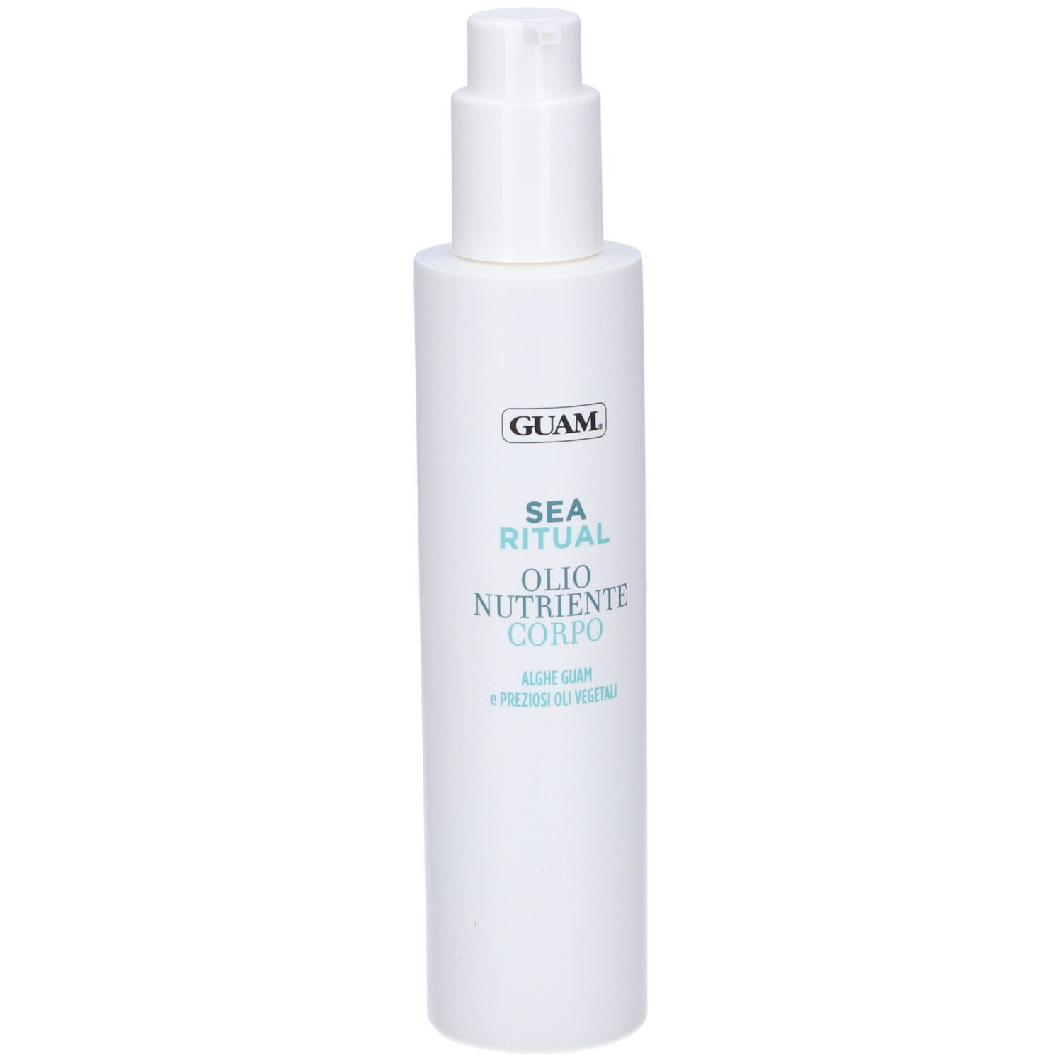 Flacone bianco con dosatore. Scritta: GUAM, SEA RITUAL, Olio Nutriente Corpo. Testo turchese.