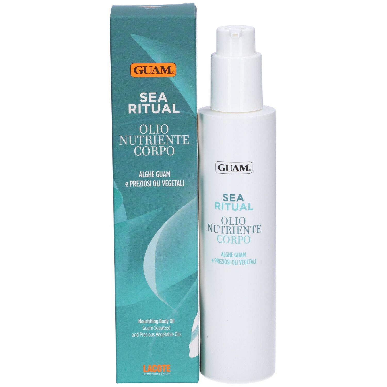 Confezione e flacone. Scritta: GUAM, SEA RITUAL, Olio Nutriente Corpo. Testo turchese.