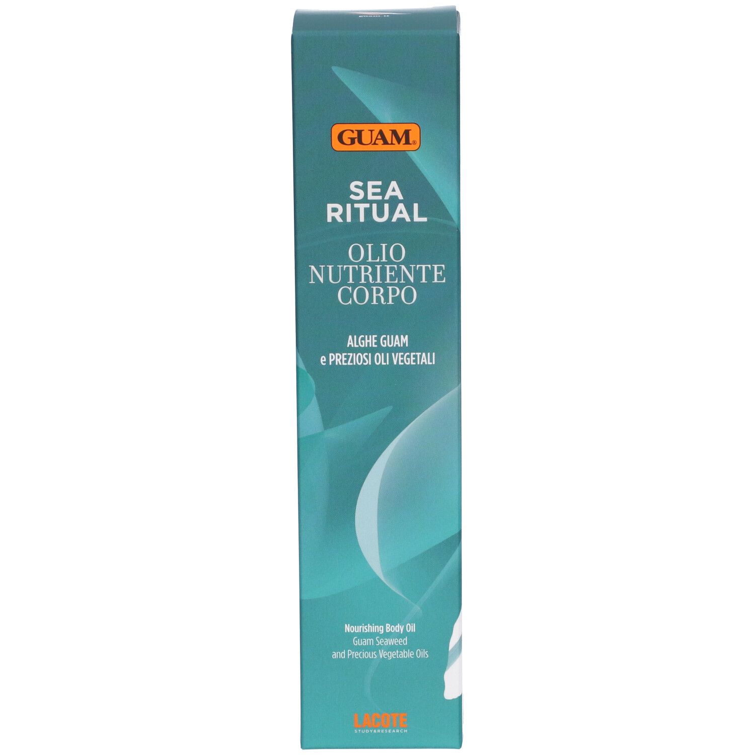 Confezione del prodotto. Scritta: GUAM, SEA RITUAL, Olio Nutriente Corpo. Testo turchese.