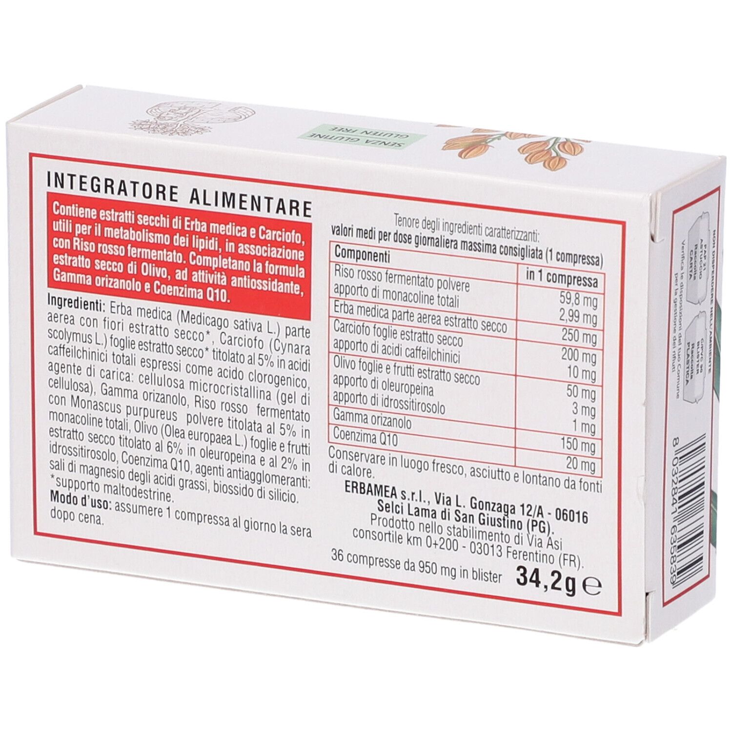 Rückseite der Schachtel mit Inhaltsangaben und Nährwerttabelle. Text: Integratore alimentare, 36 compresse, 34,2g.