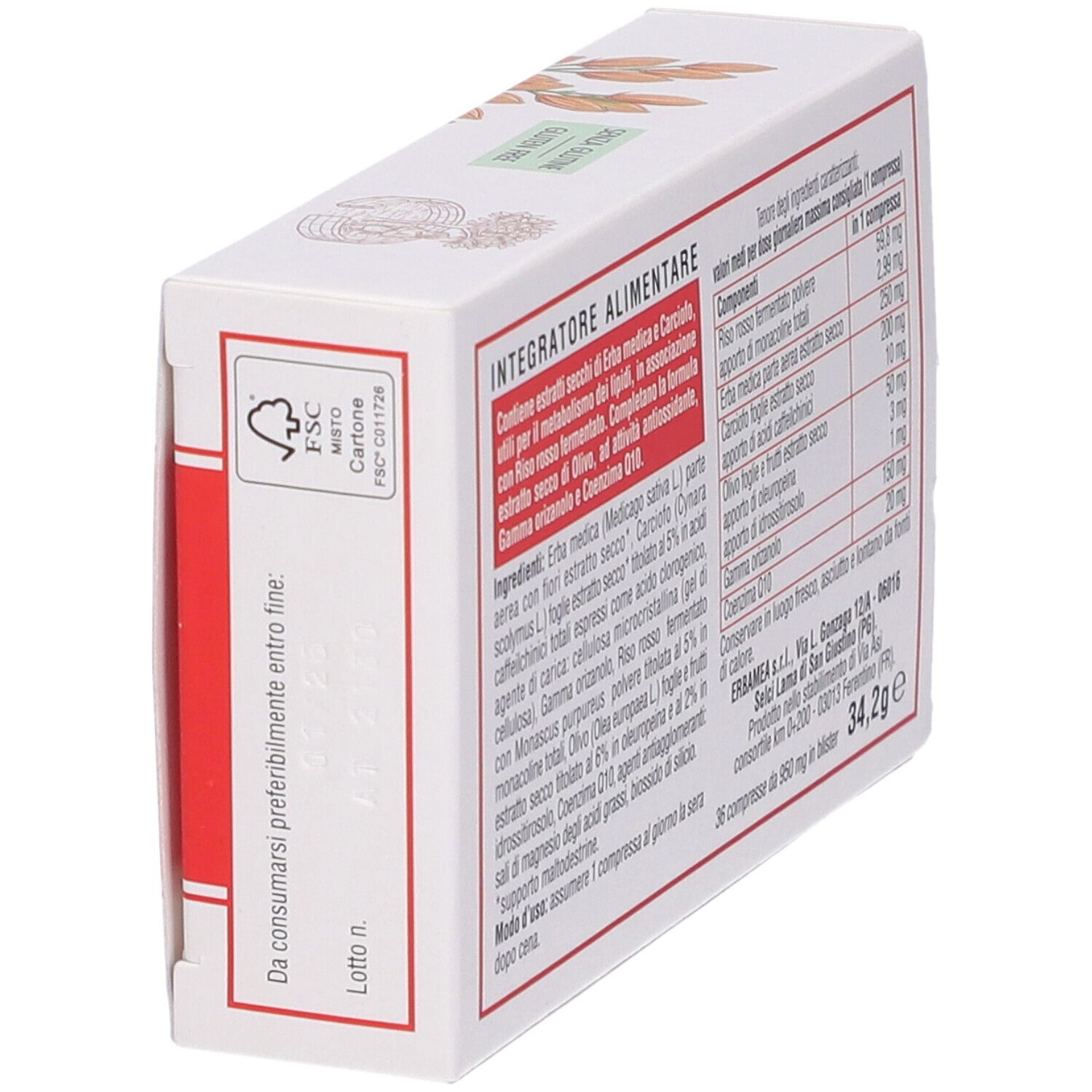 Schachtel, schräg von oben. Rückseite mit Inhaltsangaben und FSC-Logo. Text: Integratore alimentare, 36 compresse.