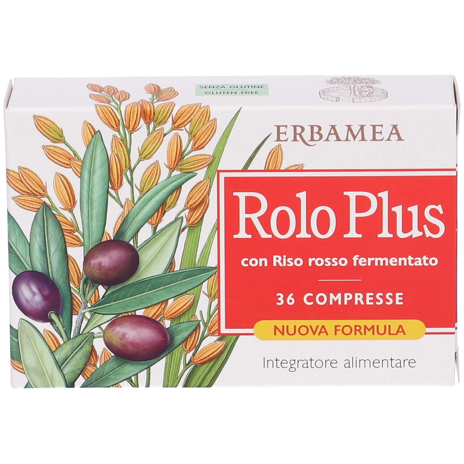 Schachtel mit Produktabbildung, Oliven und Schriftzug. Text: Erbamea, Rolo Plus, 36 Compresse, nuova formula.