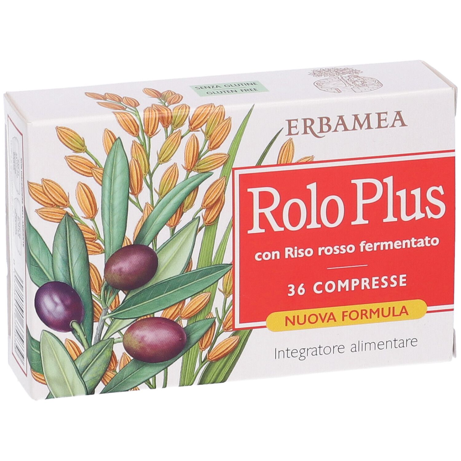 Schachtel mit Produktabbildung, Oliven und Schriftzug. Text: Erbamea, Rolo Plus, 36 Compresse, nuova formula.