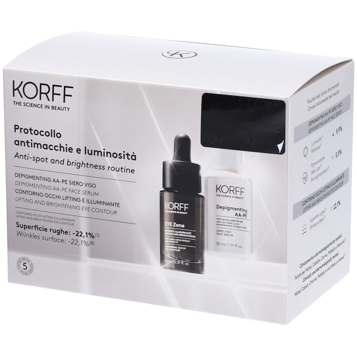 Confezione KORFF. Contiene due flaconi. Testo: Protocollo antimacchie e luminosità, routine anti-macchie e luminosità.