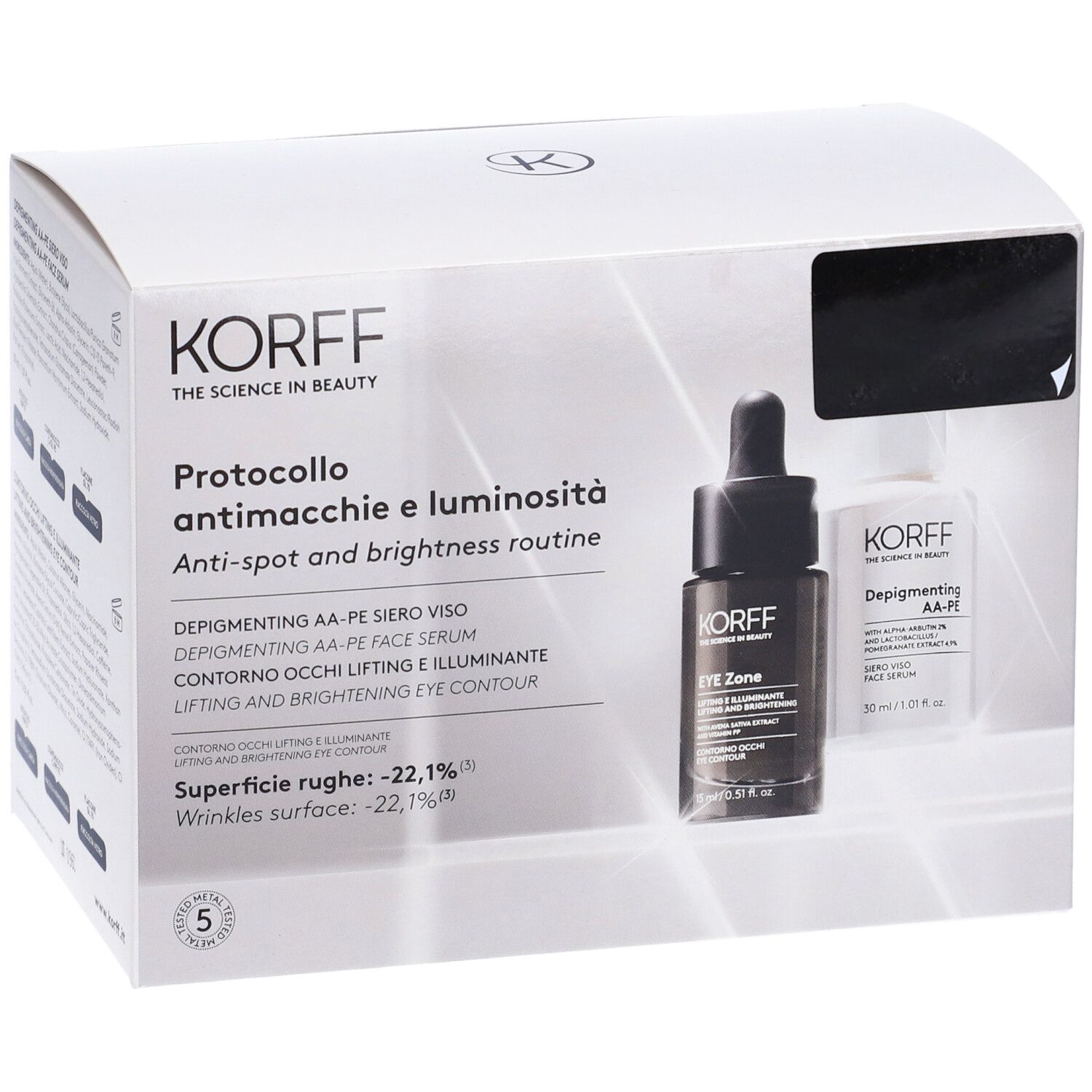Confezione KORFF. Contiene due flaconi. Testo: Protocollo antimacchie e luminosità, routine anti-macchie e luminosità.