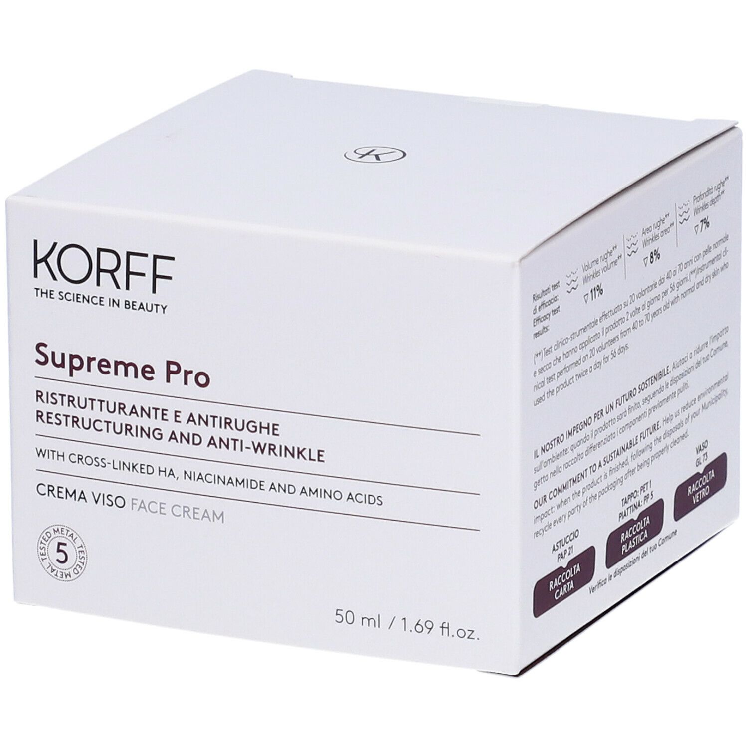 Confezione bianca con logo e nome del prodotto. Testo: Supreme Pro, Ristrutturante e anti-rughe. 50 ml.