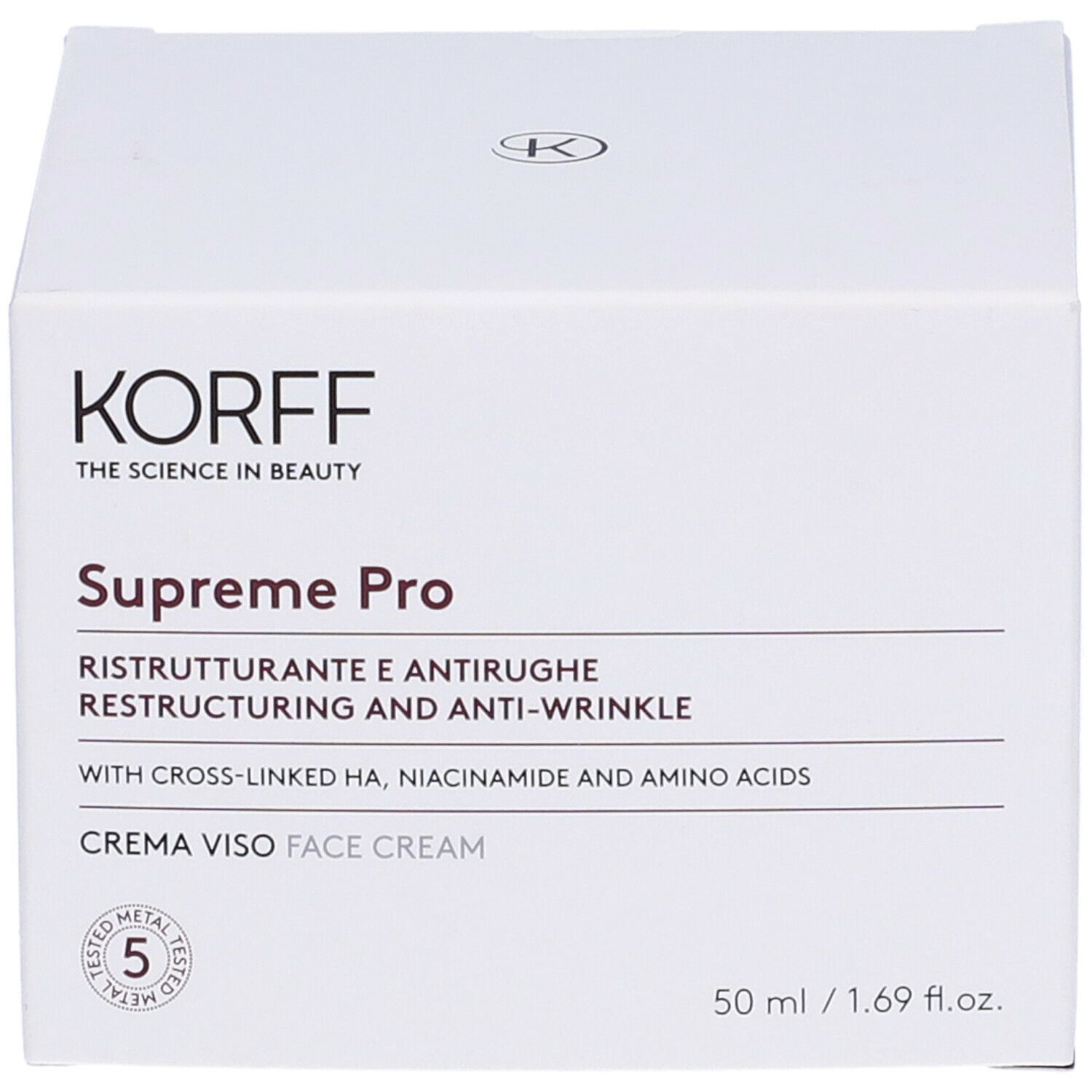 Confezione bianca con logo e nome del prodotto. Testo: Supreme Pro, Ristrutturante e anti-rughe. 50 ml.