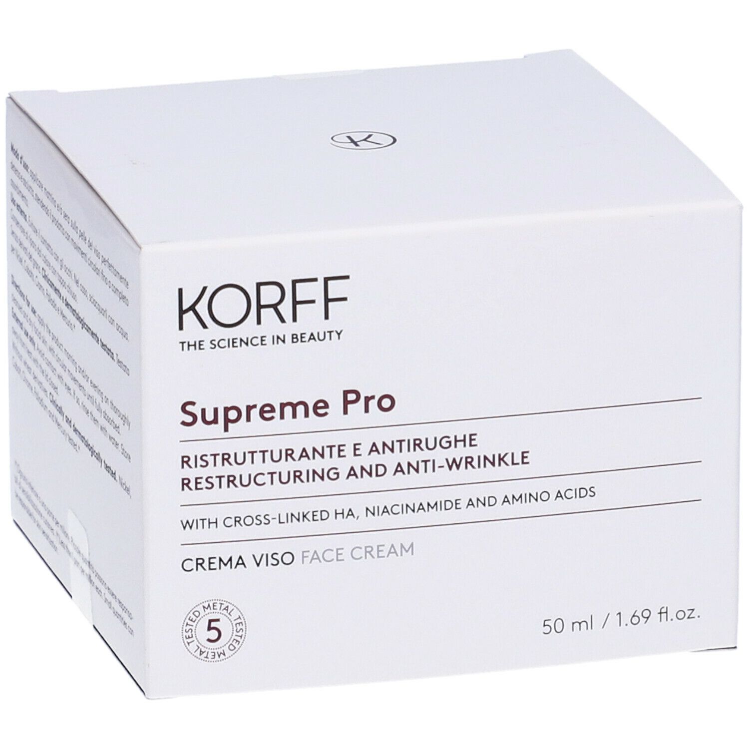 Confezione bianca con logo e nome del prodotto. Testo: Supreme Pro, Ristrutturante e anti-rughe. 50 ml.