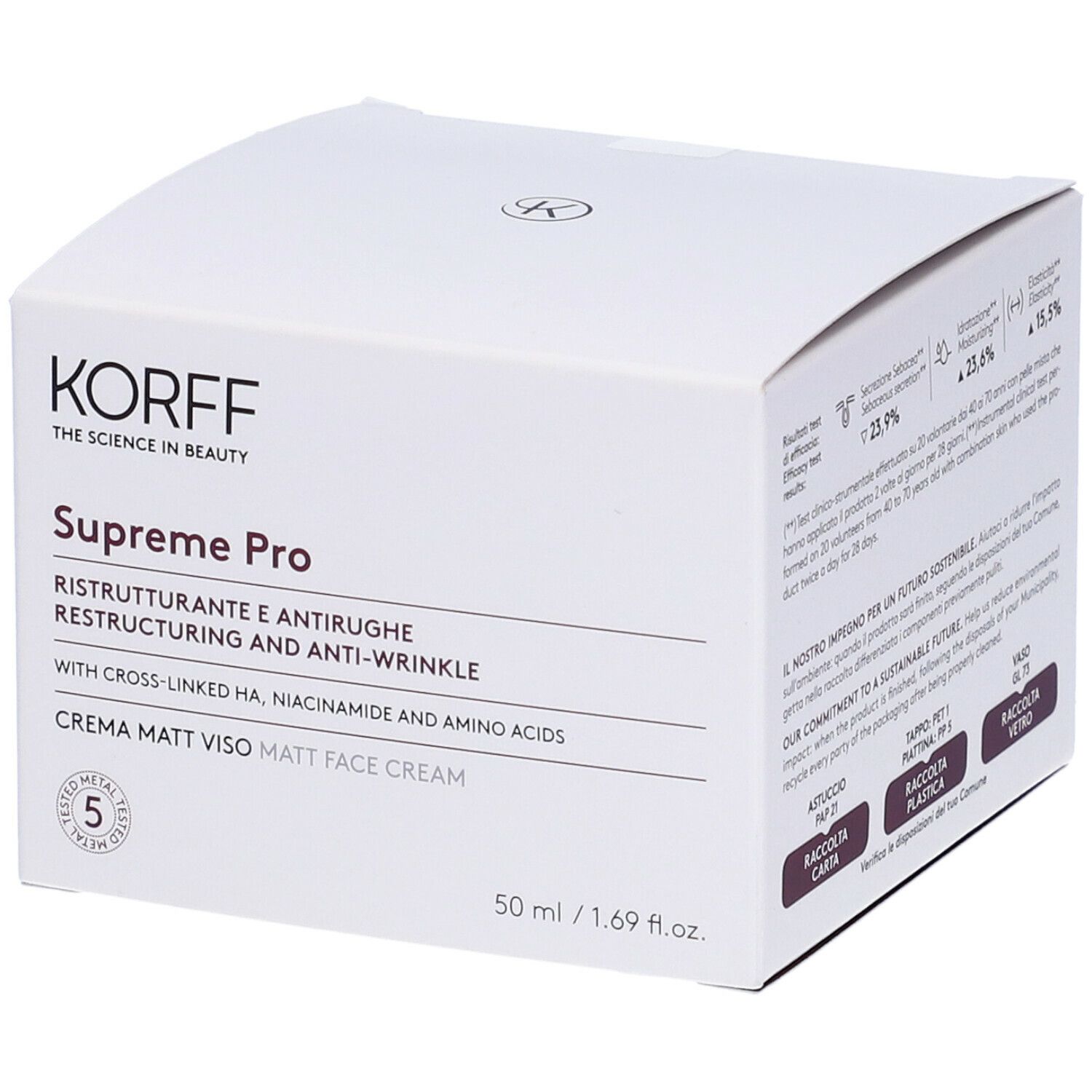 Confezione bianca KORFF Supreme Pro. Testo: Restrutturante e antirughe, Crema matt viso. Contiene 50 ml. Logo e dettagli.