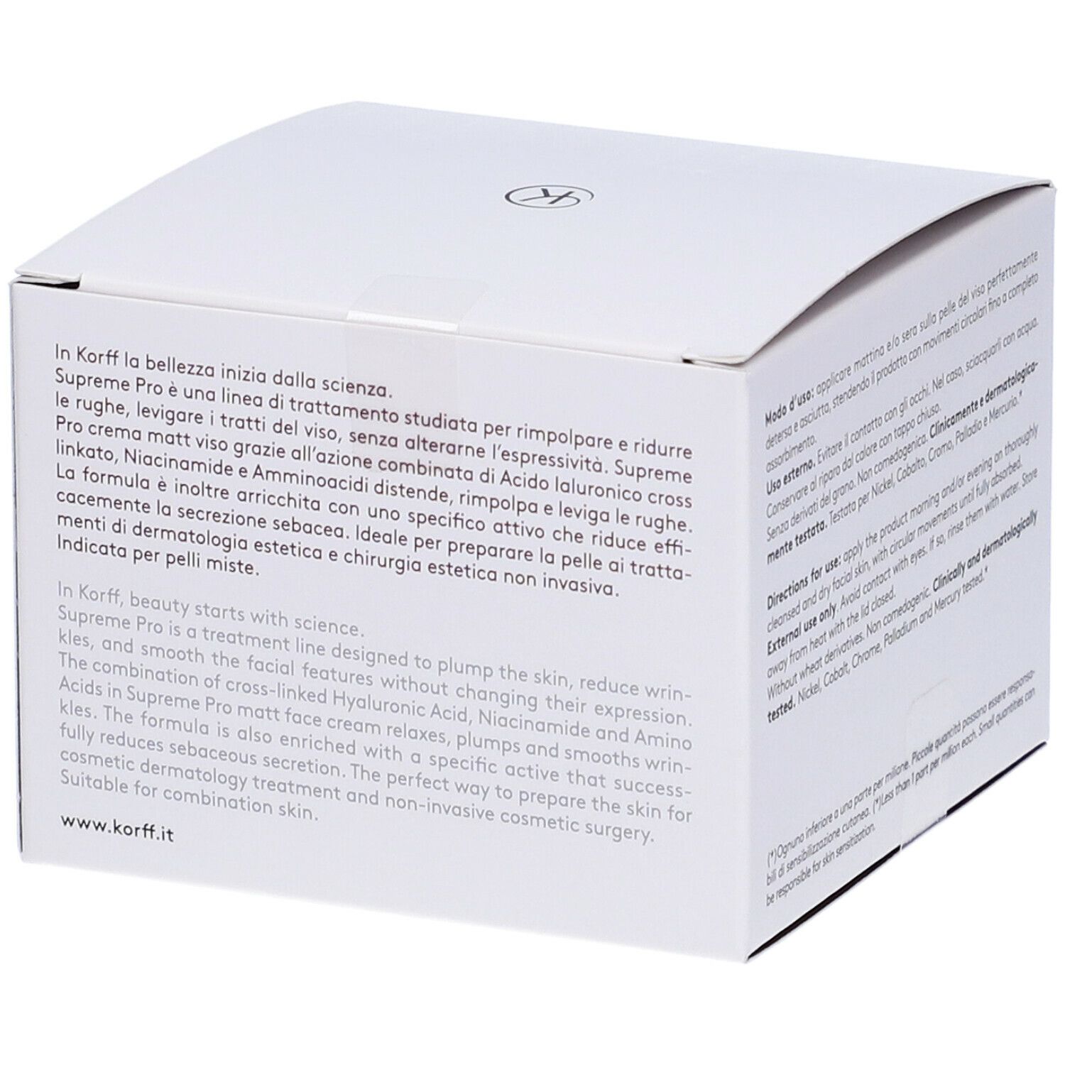Lato della confezione KORFF Supreme Pro. Testo in italiano e inglese. Descrizione delle caratteristiche del prodotto.