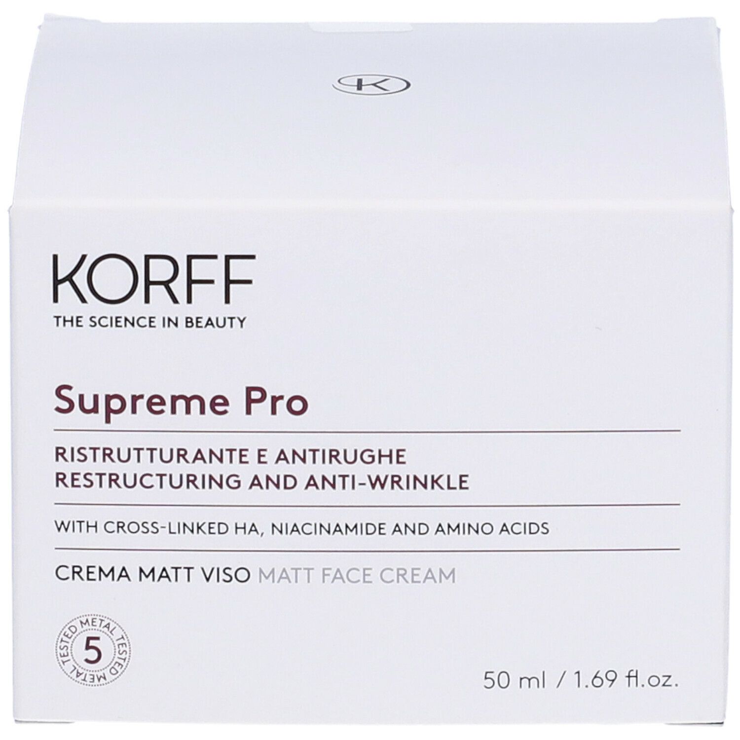 Fronte della confezione KORFF Supreme Pro. Nome del prodotto, descrizione e logo. Volume: 50 ml.