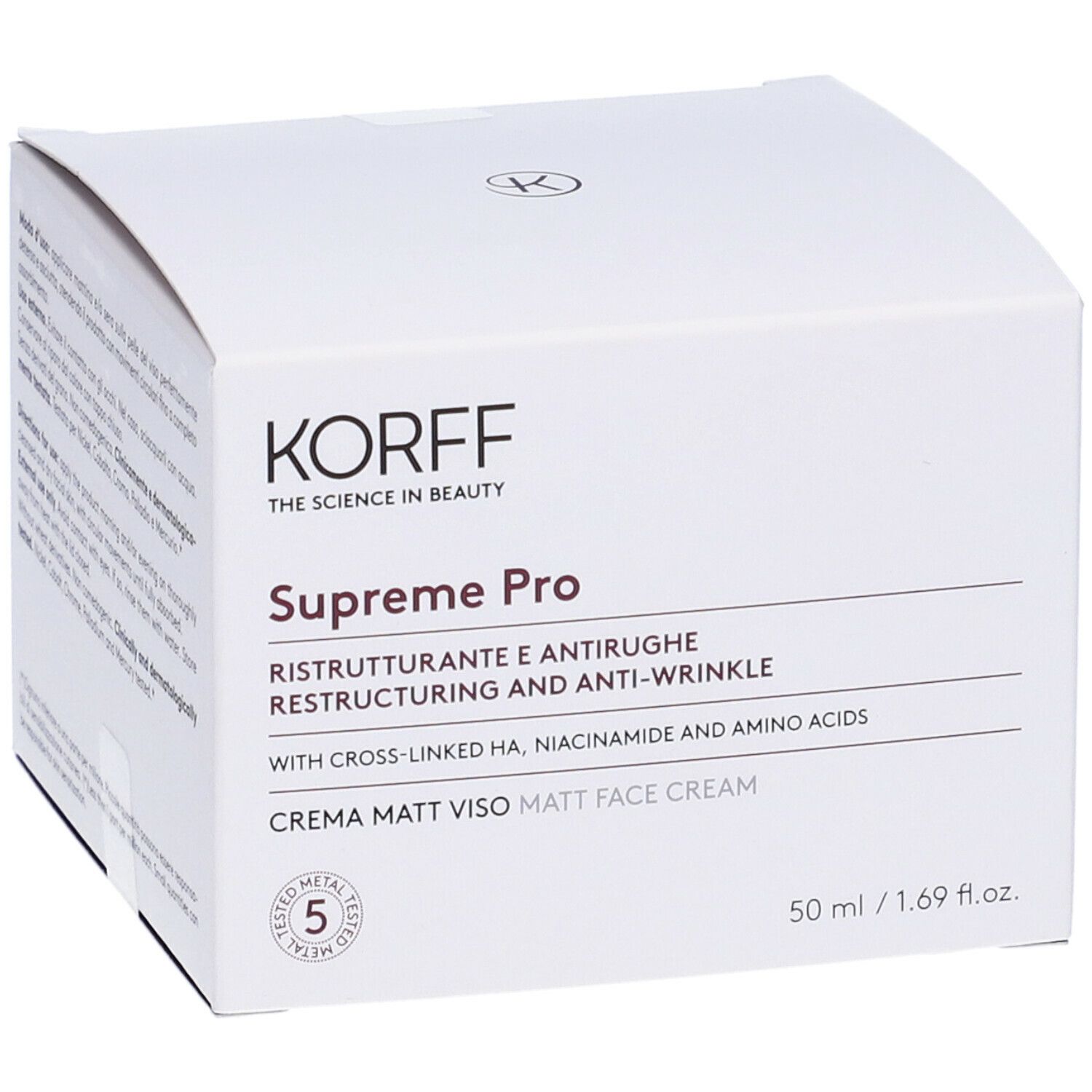 Vista frontale della confezione KORFF Supreme Pro. Nome del prodotto, descrizione e logo. Volume: 50 ml.