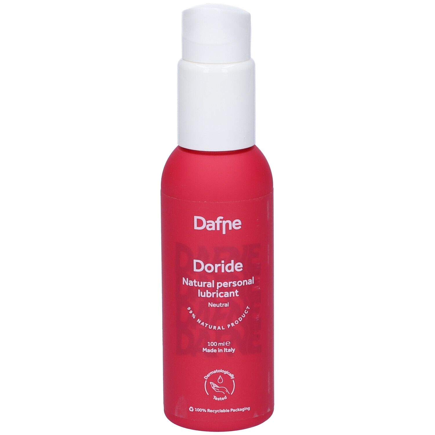 Flacone rosa con erogatore bianco. Scritta: Dafne Doride Natural personal lubricant. Neutro. 100ml.