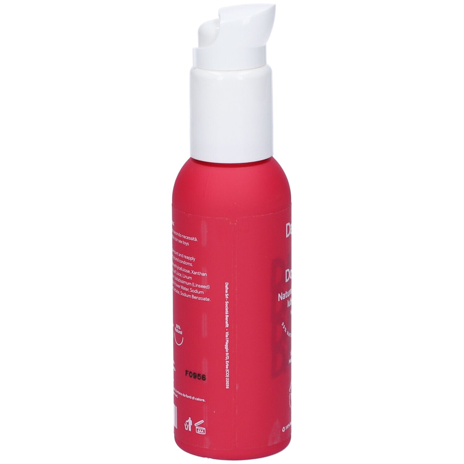 Retro del flacone rosa con erogatore bianco. Testo con ingredienti e informazioni.