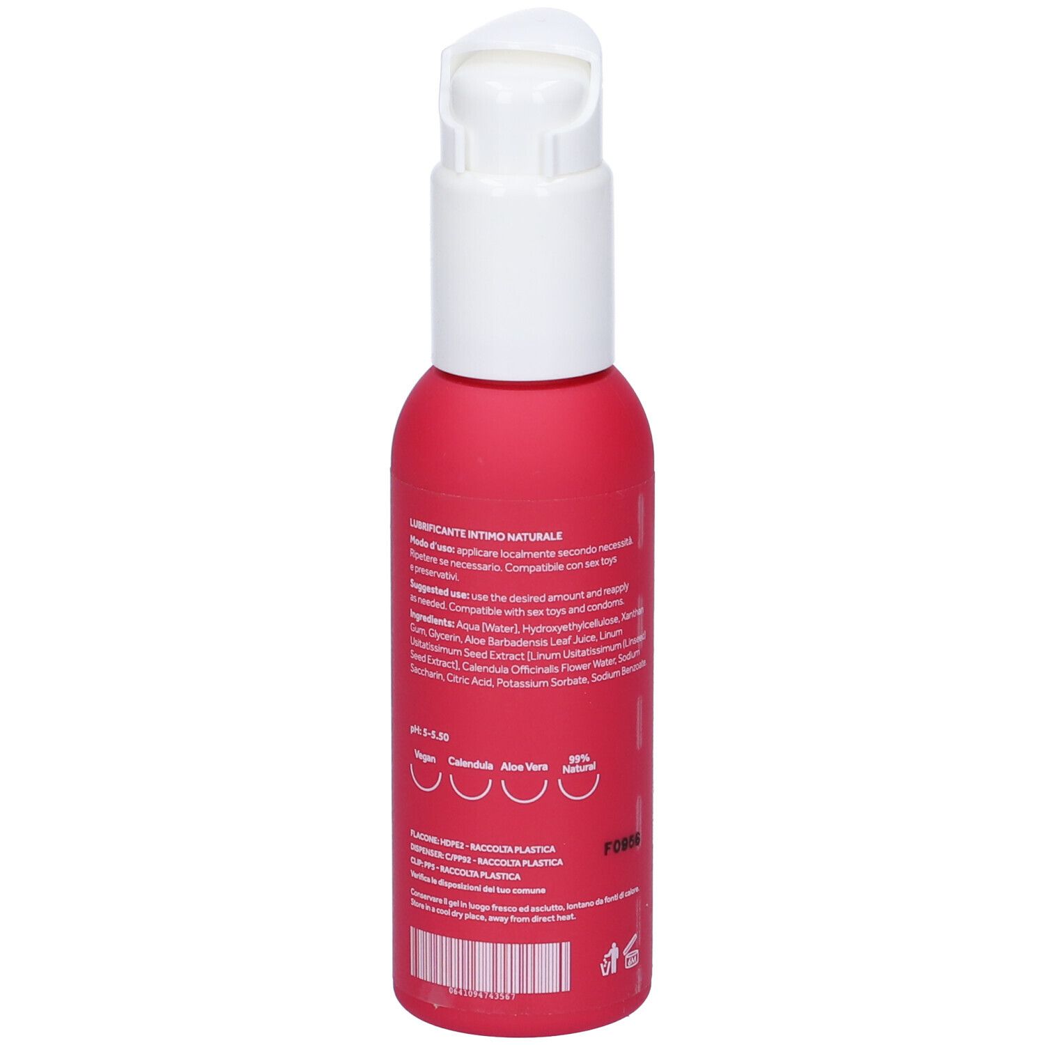 Retro del flacone rosa con erogatore bianco. Testo con ingredienti e informazioni.