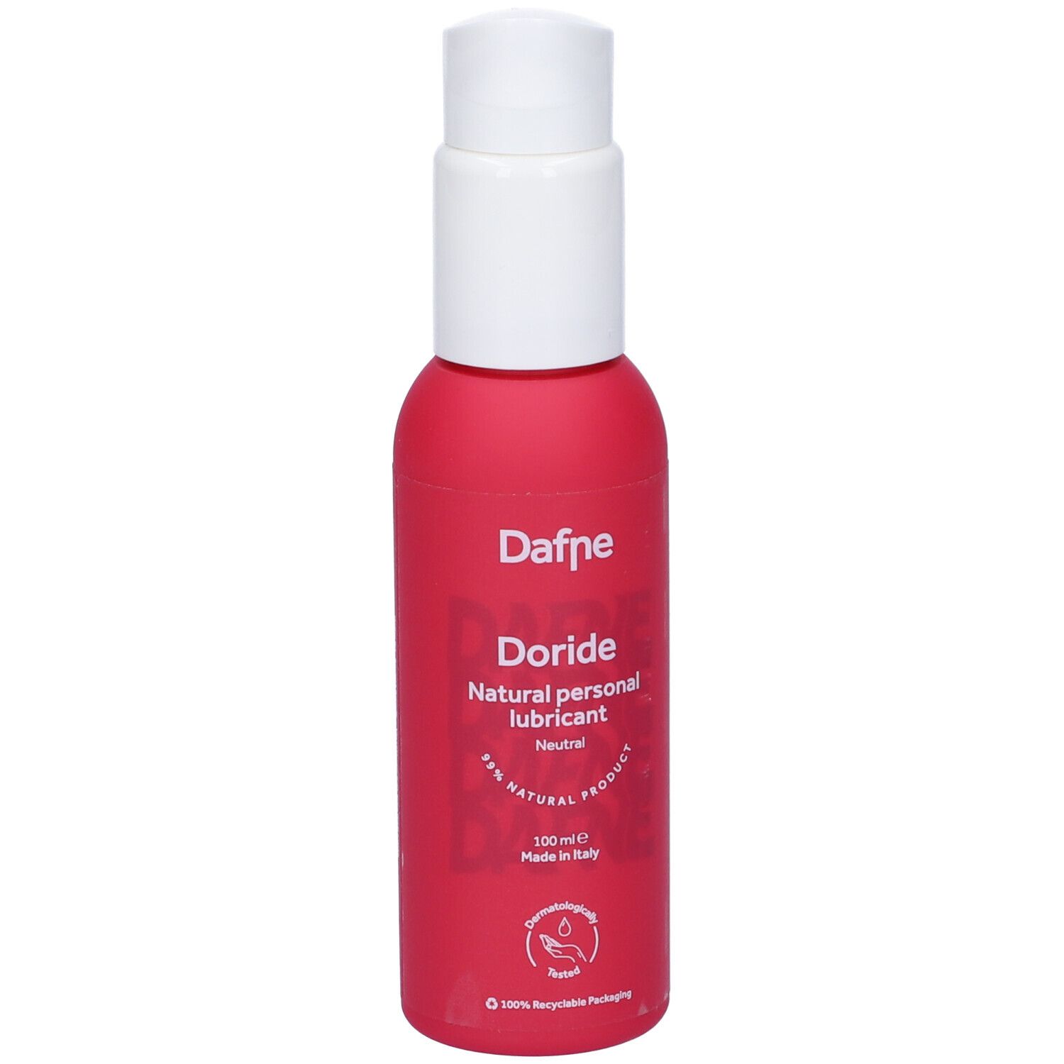 Flacone rosa con erogatore bianco. Scritta: Dafne Doride Natural personal lubricant. Neutro. 100ml.