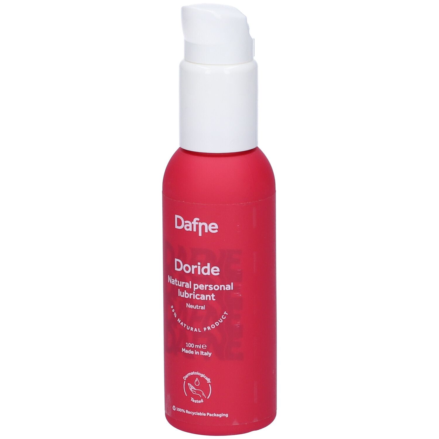 Flacone rosa con erogatore bianco. Scritta: Dafne Doride Natural personal lubricant. Neutro. 100ml.