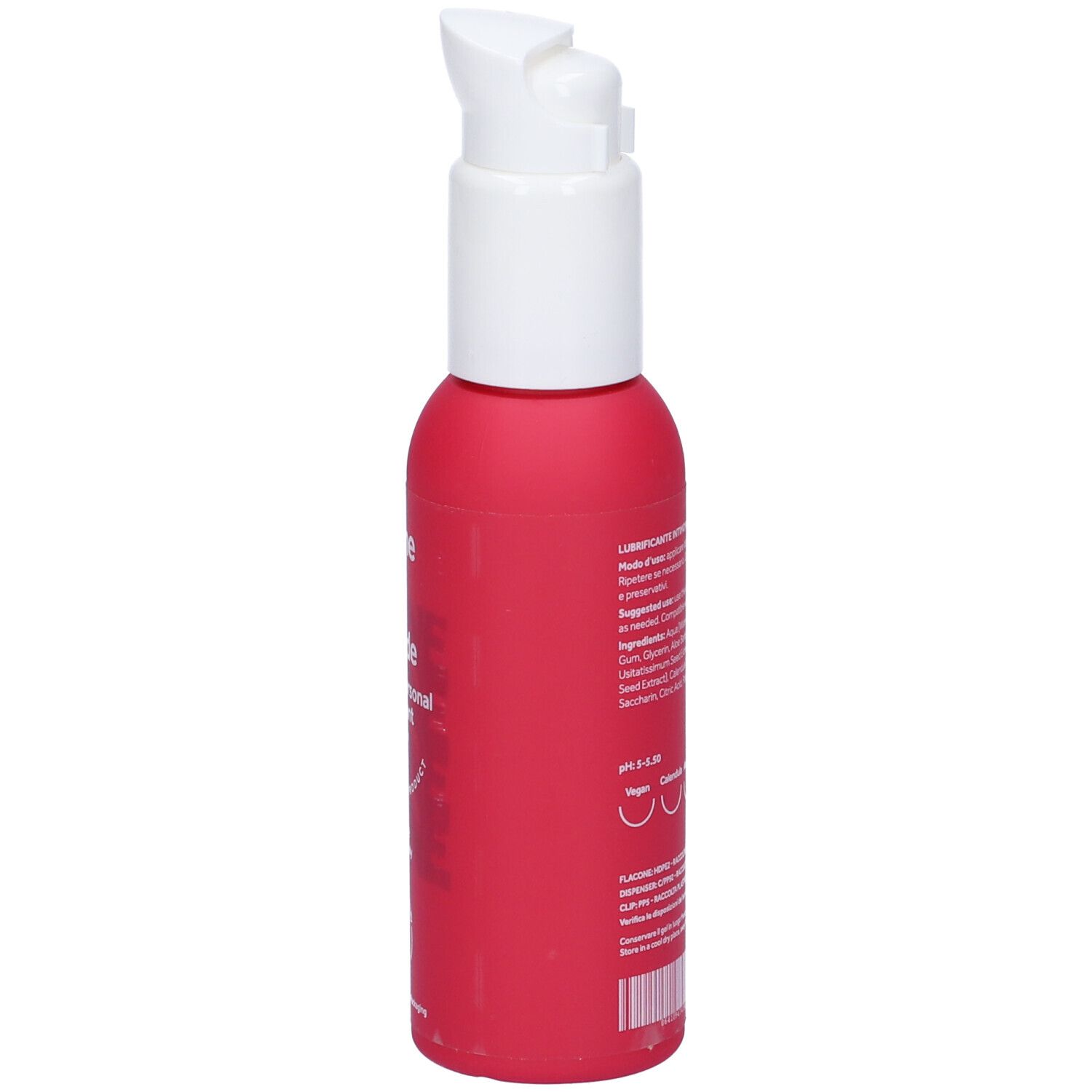 Retro del flacone rosa con erogatore bianco. Testo con ingredienti e informazioni.