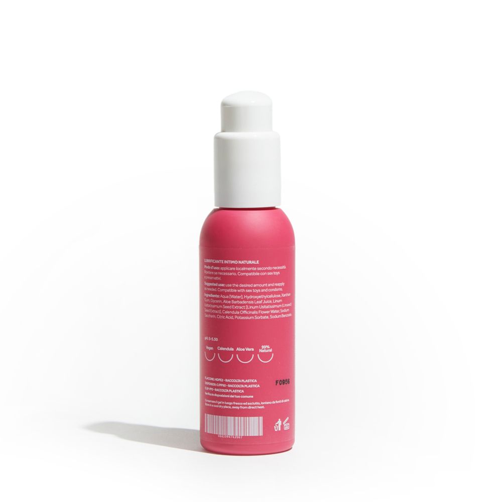 Retro del flacone rosa con erogatore bianco. Testo con ingredienti e informazioni.