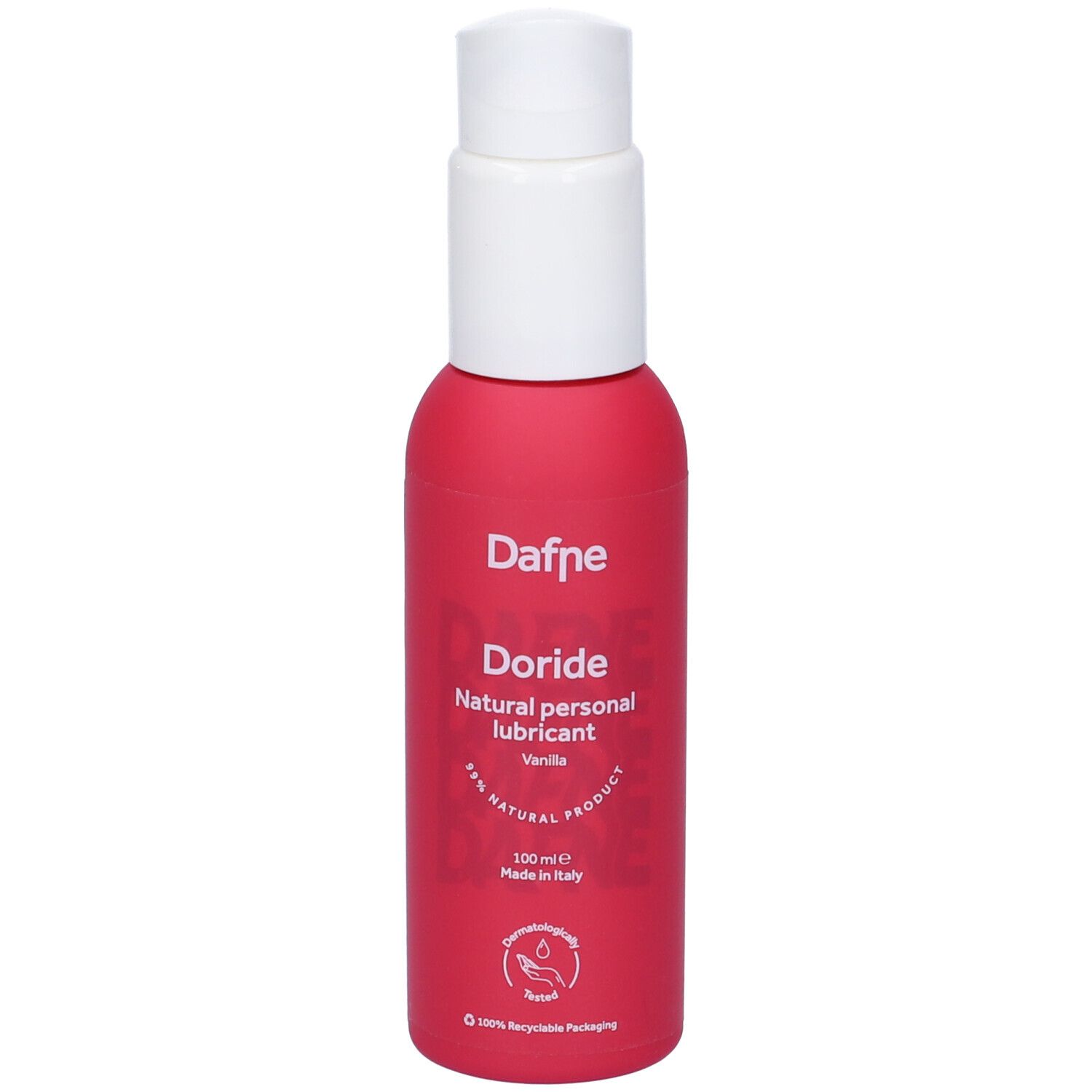 Flacone rosa con dispenser bianco. Scritta: Dafne Doride Natural personal lubricant Vaniglia.