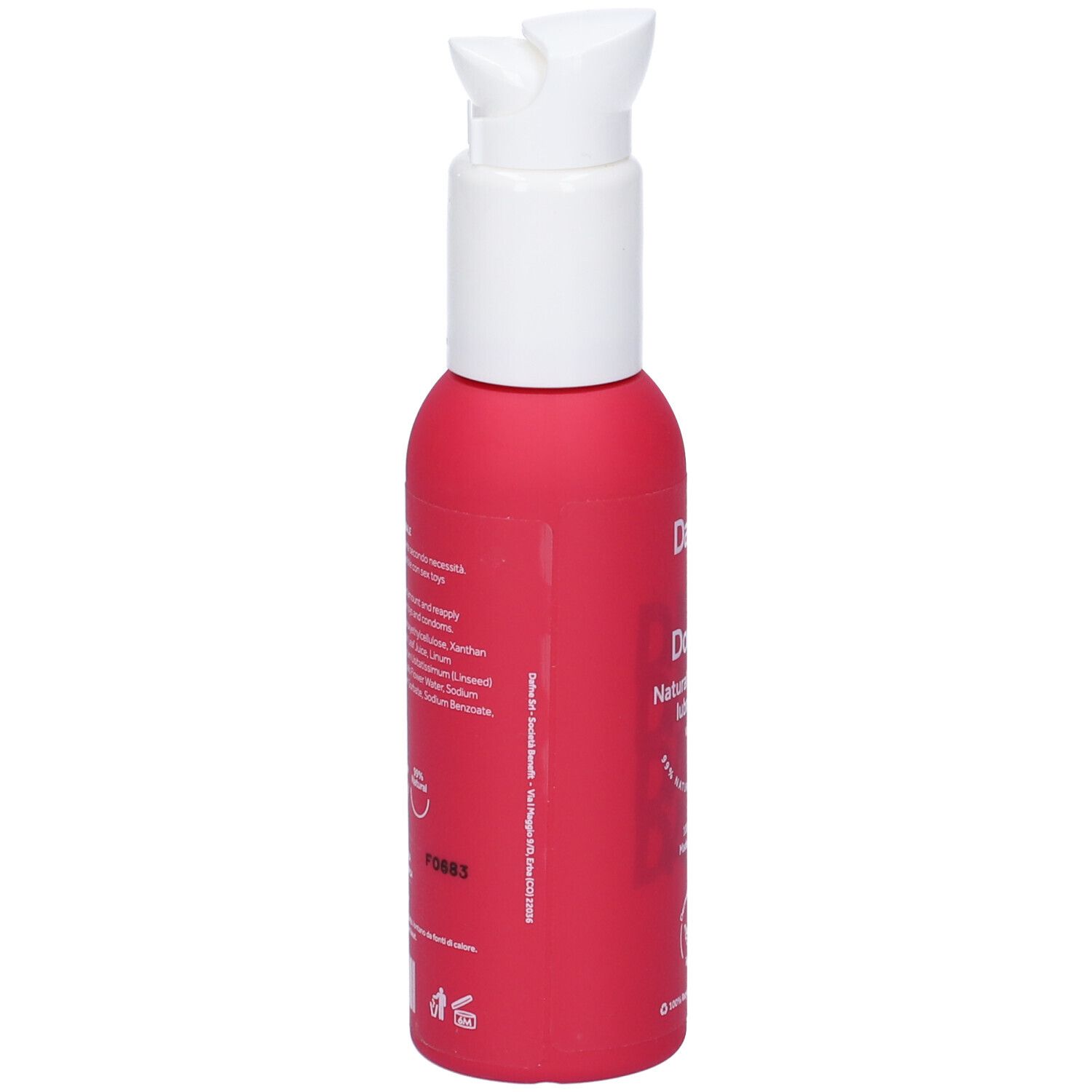 Flacone rosa con dispenser bianco. Retro con testo. Simboli: Calendula, Aloe Vera, pH 4-5.30.