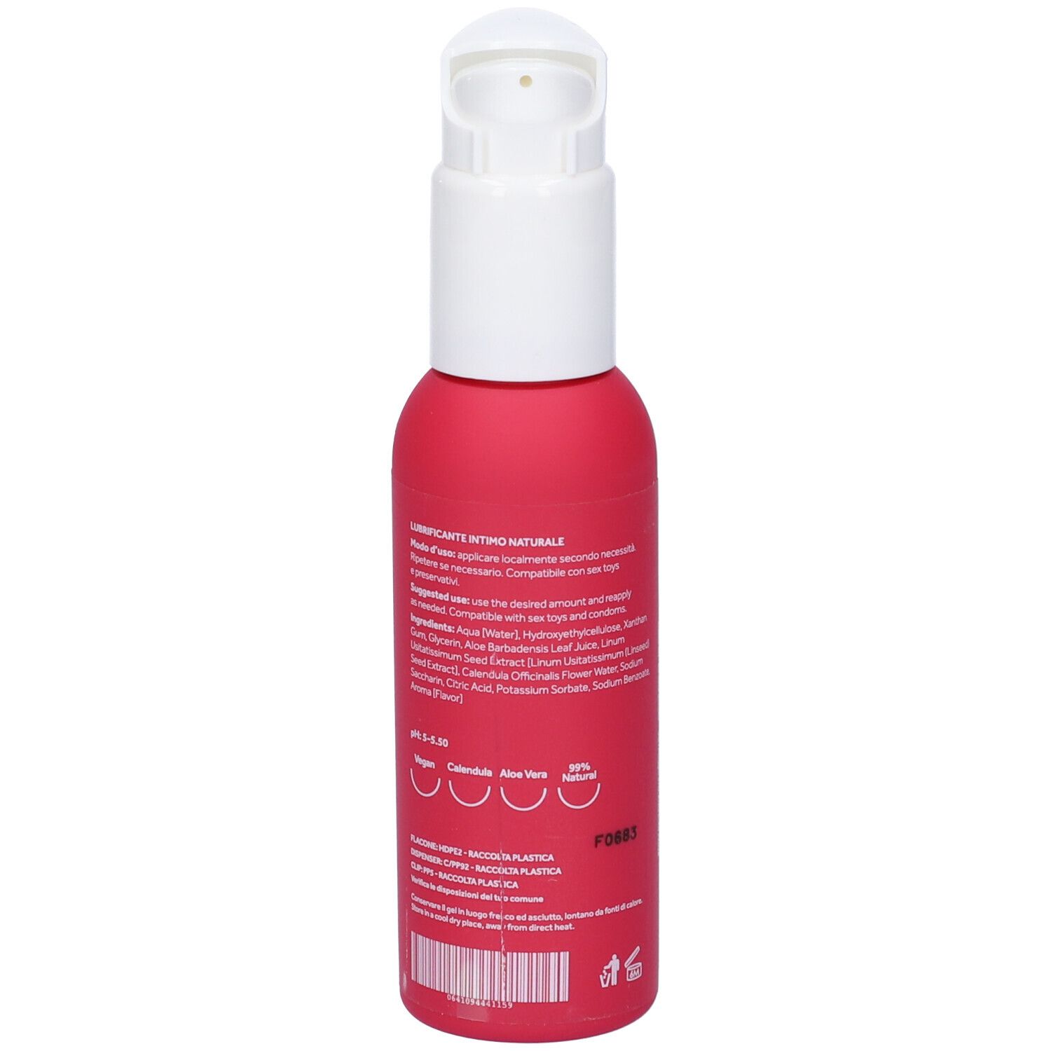 Flacone rosa con dispenser bianco. Scritta: Dafne Doride Natural personal lubricant Vaniglia.