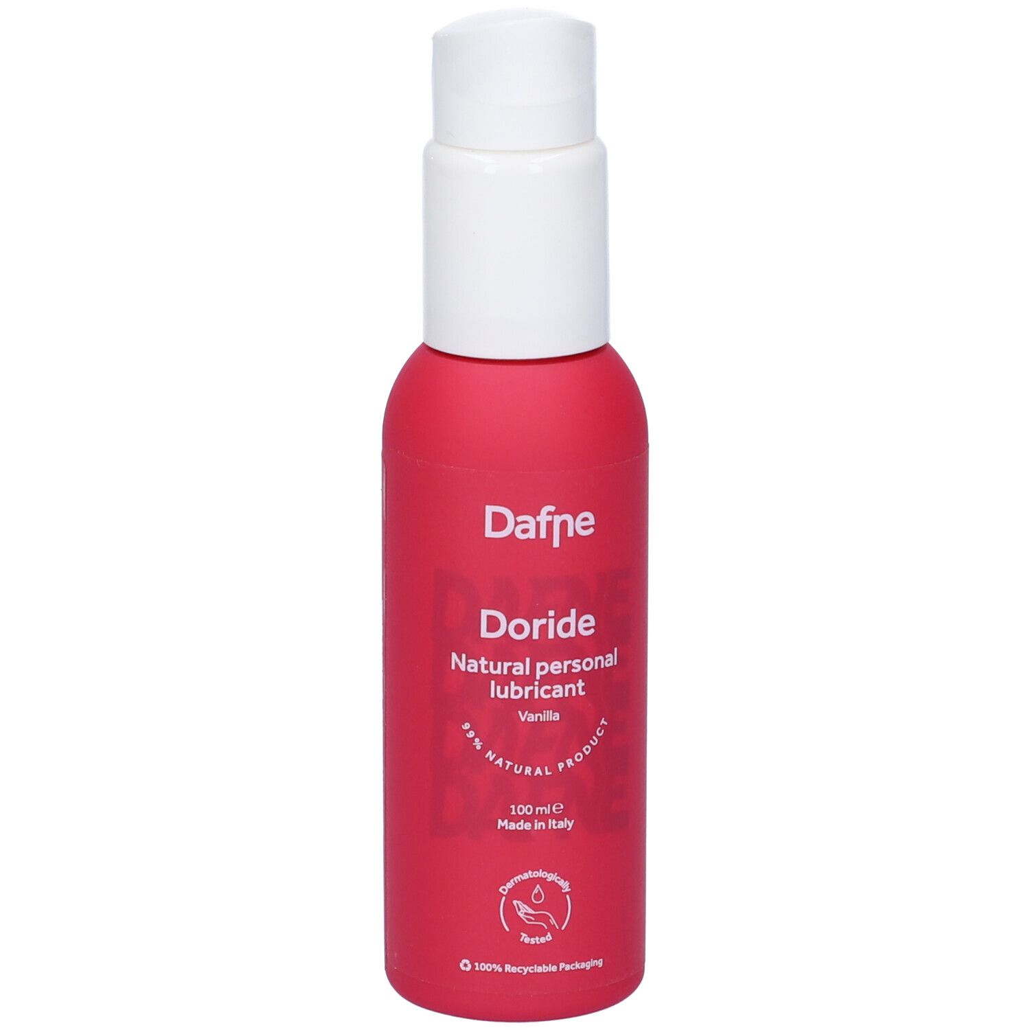 Flacone rosa con dispenser bianco. Scritta: Dafne Doride Natural personal lubricant Vaniglia.