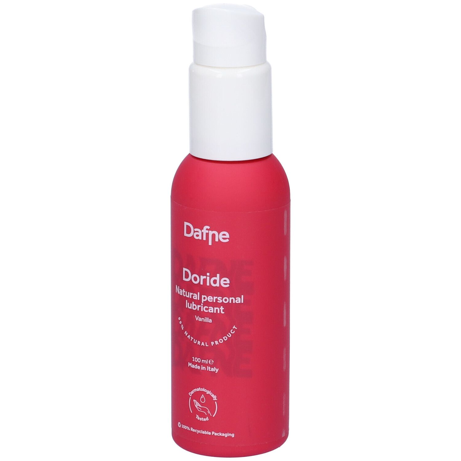 Flacone rosa con dispenser bianco. Retro con testo. Simboli: Calendula, Aloe Vera, pH 4-5.30.