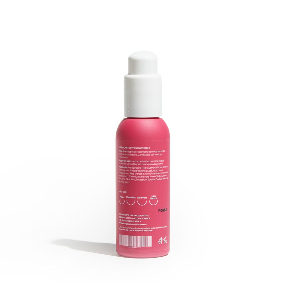 Flacone rosa con dispenser bianco. Retro con testo. Simboli: Calendula, Aloe Vera, pH 4-5.30.