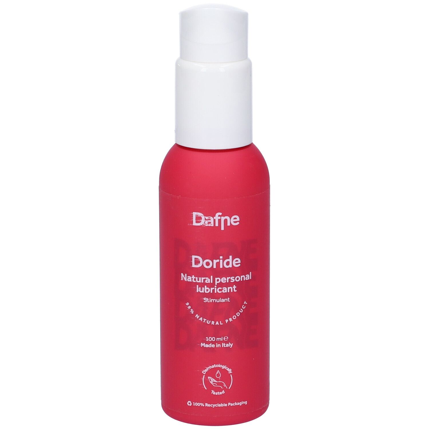 Flacone rosa con erogatore bianco. Scritta: Dafne Doride, lubrificante personale naturale. 100 ml. Made in Italy.
