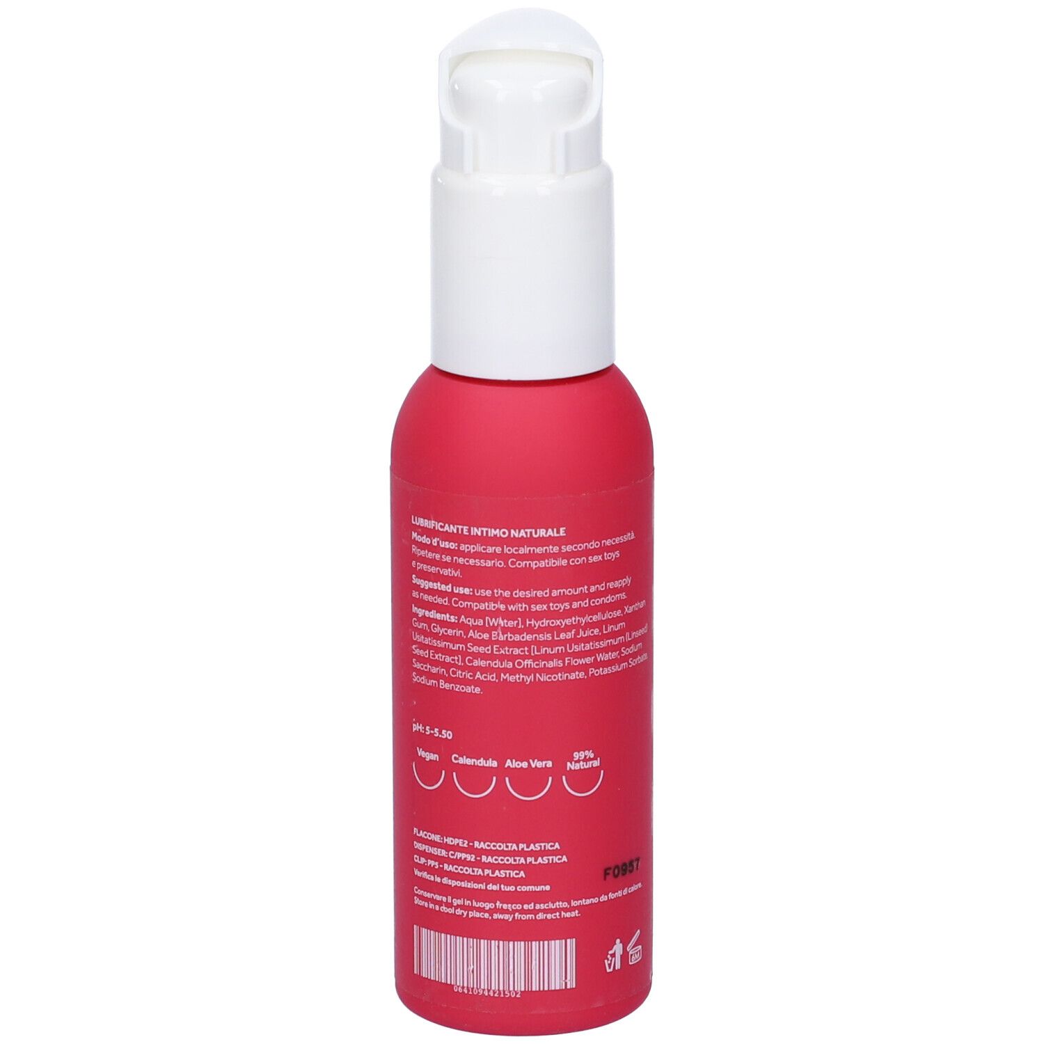 Retro del flacone rosa con erogatore bianco. Testo: ingredienti, istruzioni per l'uso, pH, vegano, confezione riciclabile.