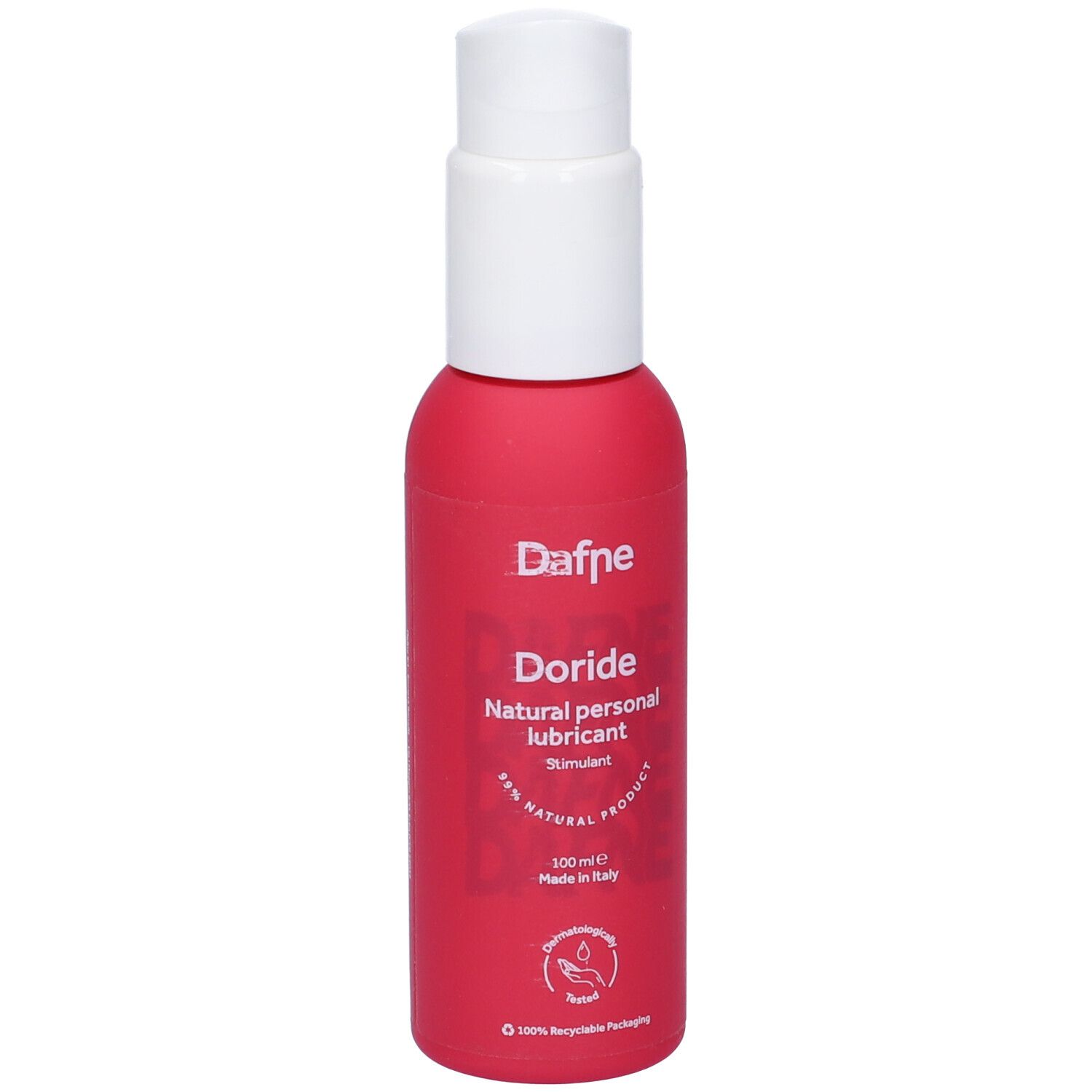 Flacone rosa con erogatore bianco. Scritta: Dafne Doride, lubrificante personale naturale. 100 ml. Made in Italy.
