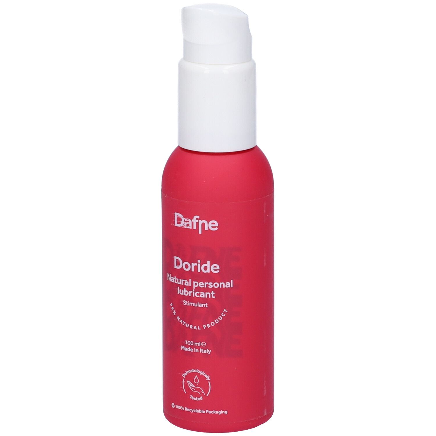Flacone rosa con erogatore bianco. Scritta: Dafne Doride, lubrificante personale naturale. 100 ml. Made in Italy.