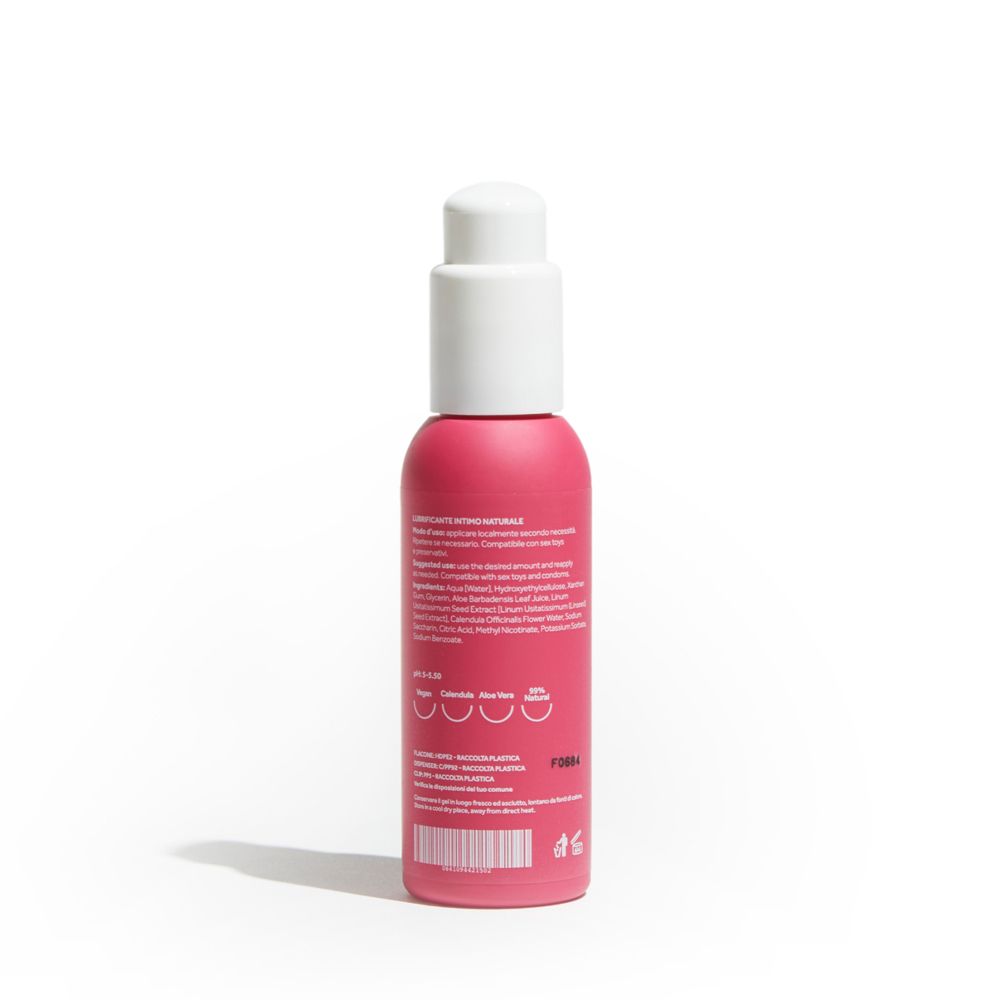 Retro del flacone rosa con erogatore bianco. Testo: ingredienti, istruzioni per l'uso, pH, vegano, confezione riciclabile.
