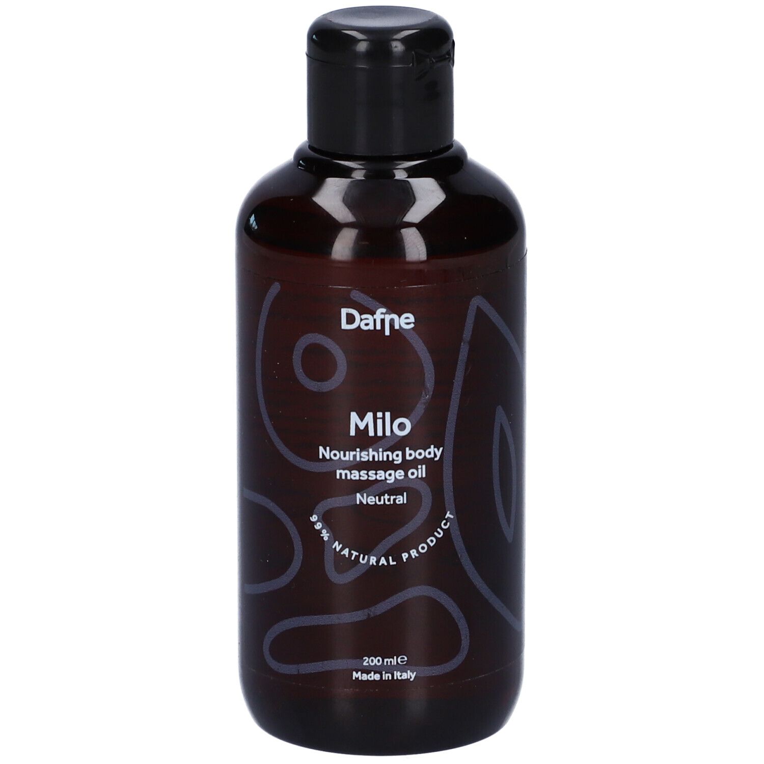 Flacone marrone con tappo nero. Scritta: Dafne Milo, Nourishing body massage oil, Neutro. 200 ml. 95% Natural product.