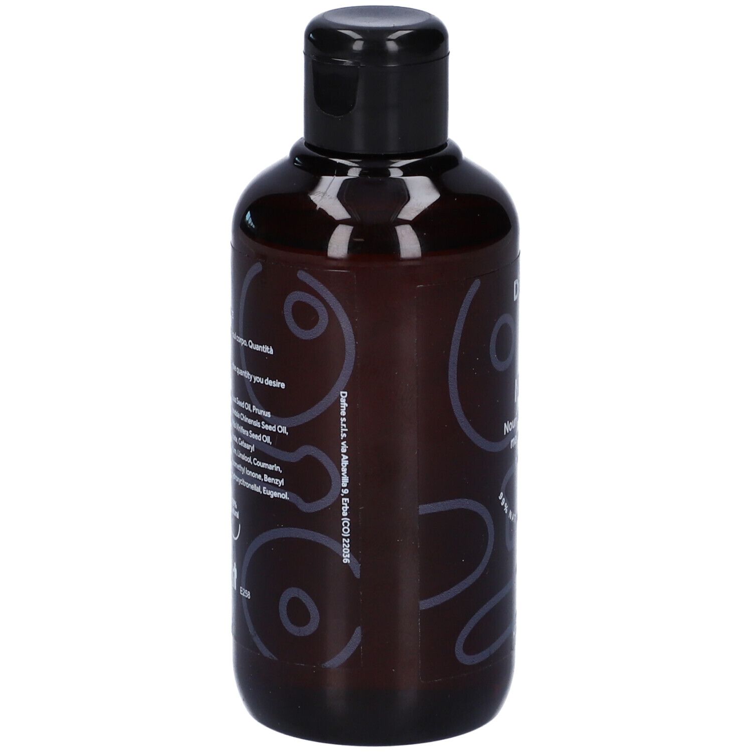 Flacone marrone con tappo nero. Retro con testo. Scritta: Dafne Milo, Nourishing body massage oil, Neutro.