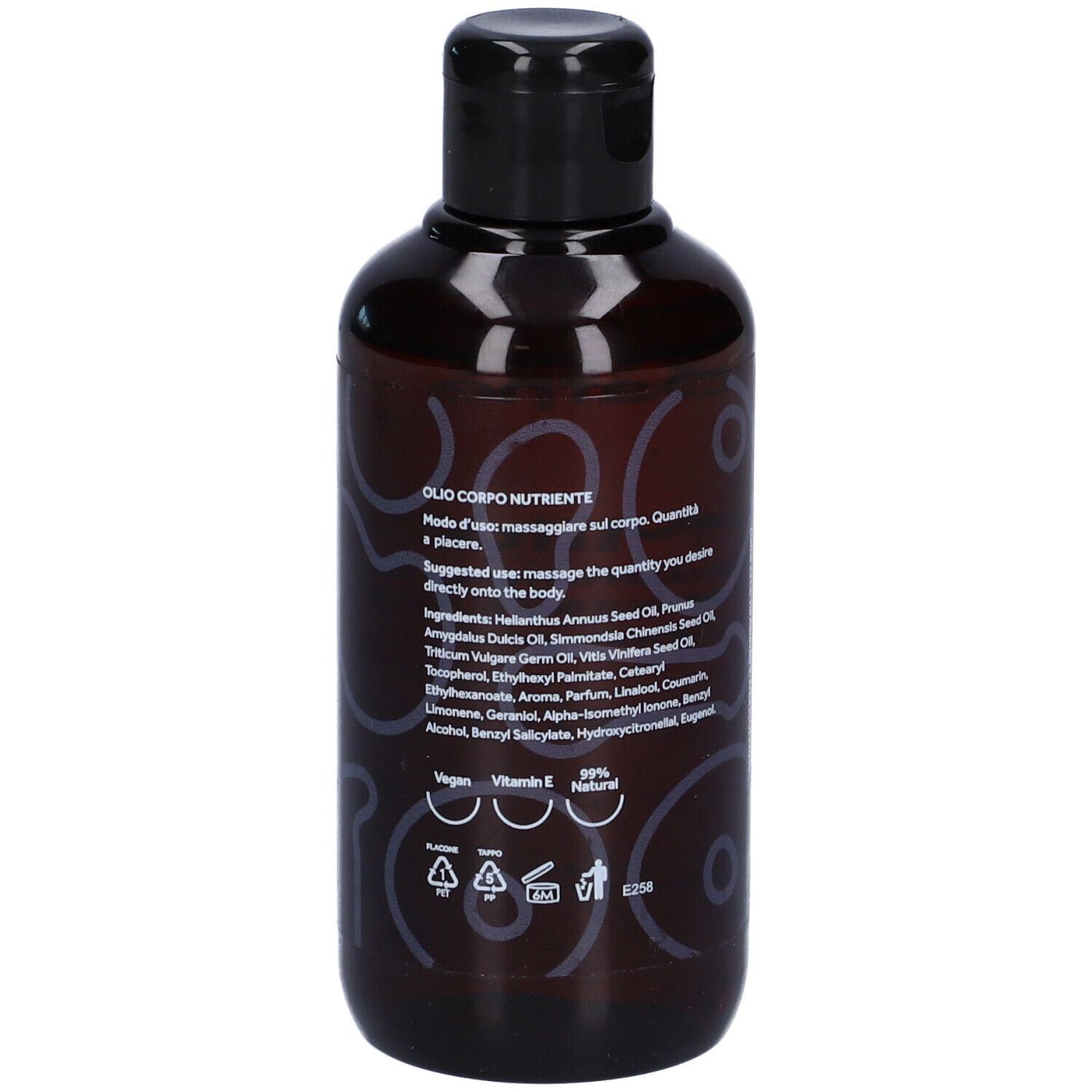 Flacone marrone con tappo nero. Retro con ingredienti e informazioni. Scritta: Dafne Milo, Nourishing body massage oil.